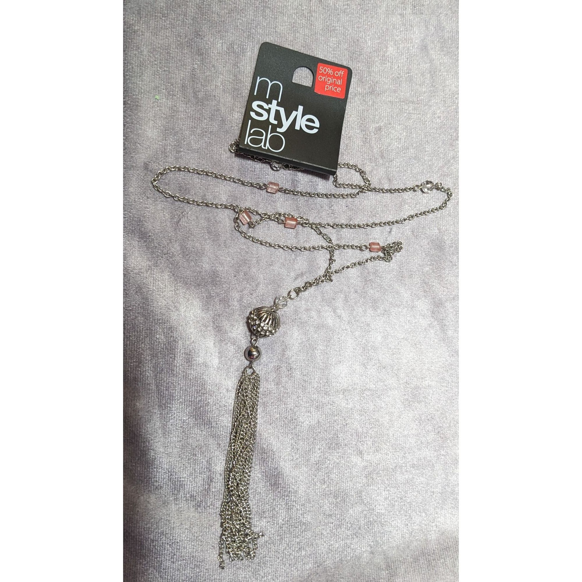 Macys Macy's Style Lab Silver Tone Pink Beaded Tassel Necklace Size ONE SIZE - 7 Thumbnail