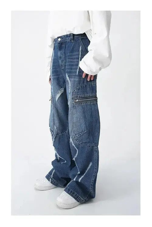 Japanese Brand Baggy Ripped Jeans Frayed Zipper Pockets cargo Pants Hip-hop Size US 32 / EU 48 - 6 Thumbnail