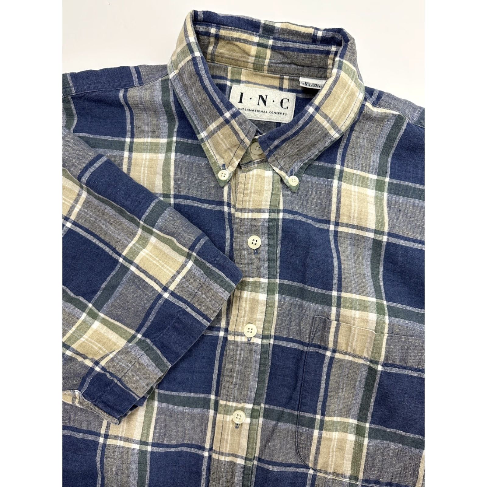 Vintage VINTAGE INC International Concepts Linen Blend Shirt Men M Plaid Button Down Size US M / EU 48-50 / 2 - 2 Thumbnail