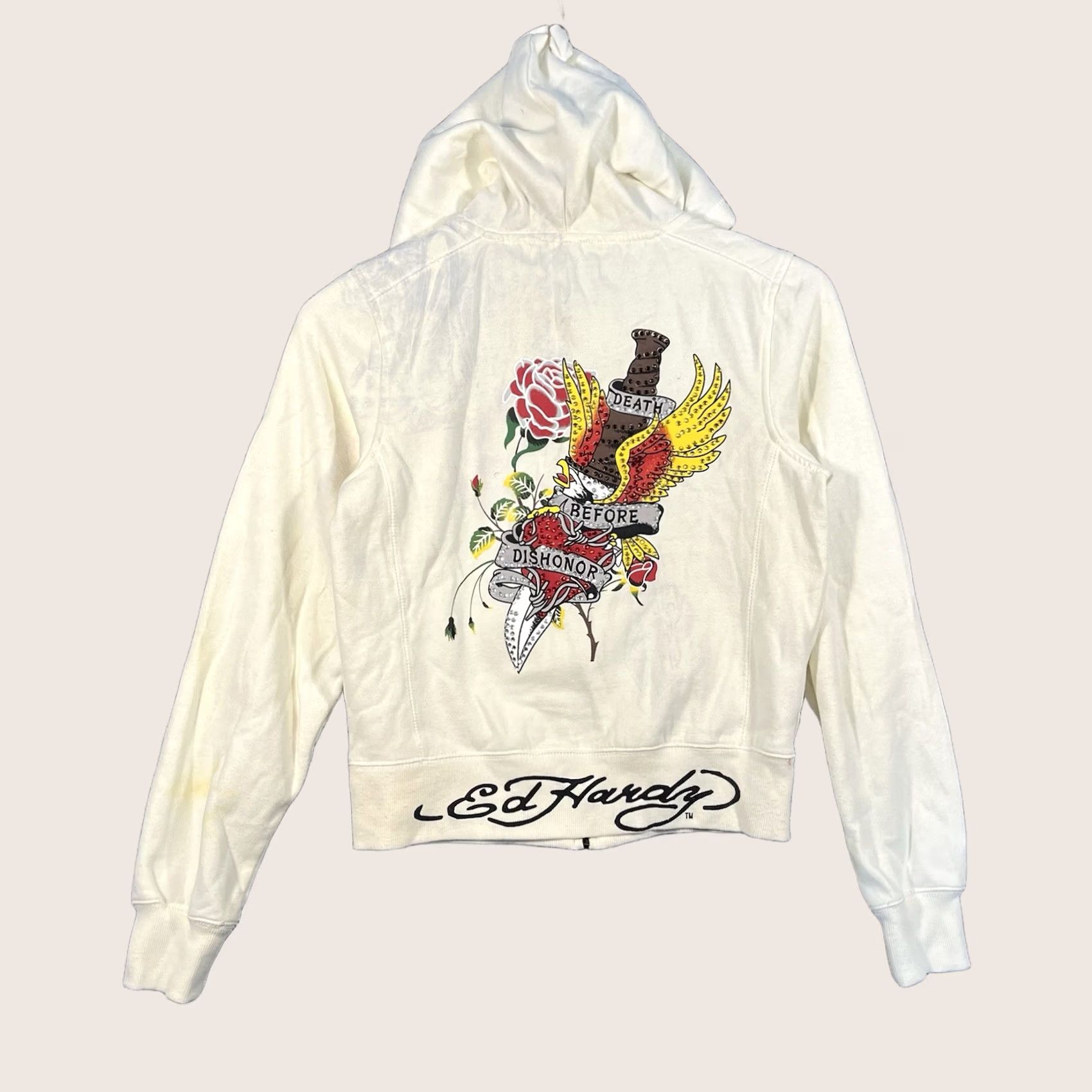 Ed Hardy VINTAGE Ed Hardy Hoodie Womens Medium Zip Hooded Rhinestone Hearts White Cotton Regular Sleeve Long Sleeve Size M / US 6-8 / IT 42-44 - 1 Thumbnail