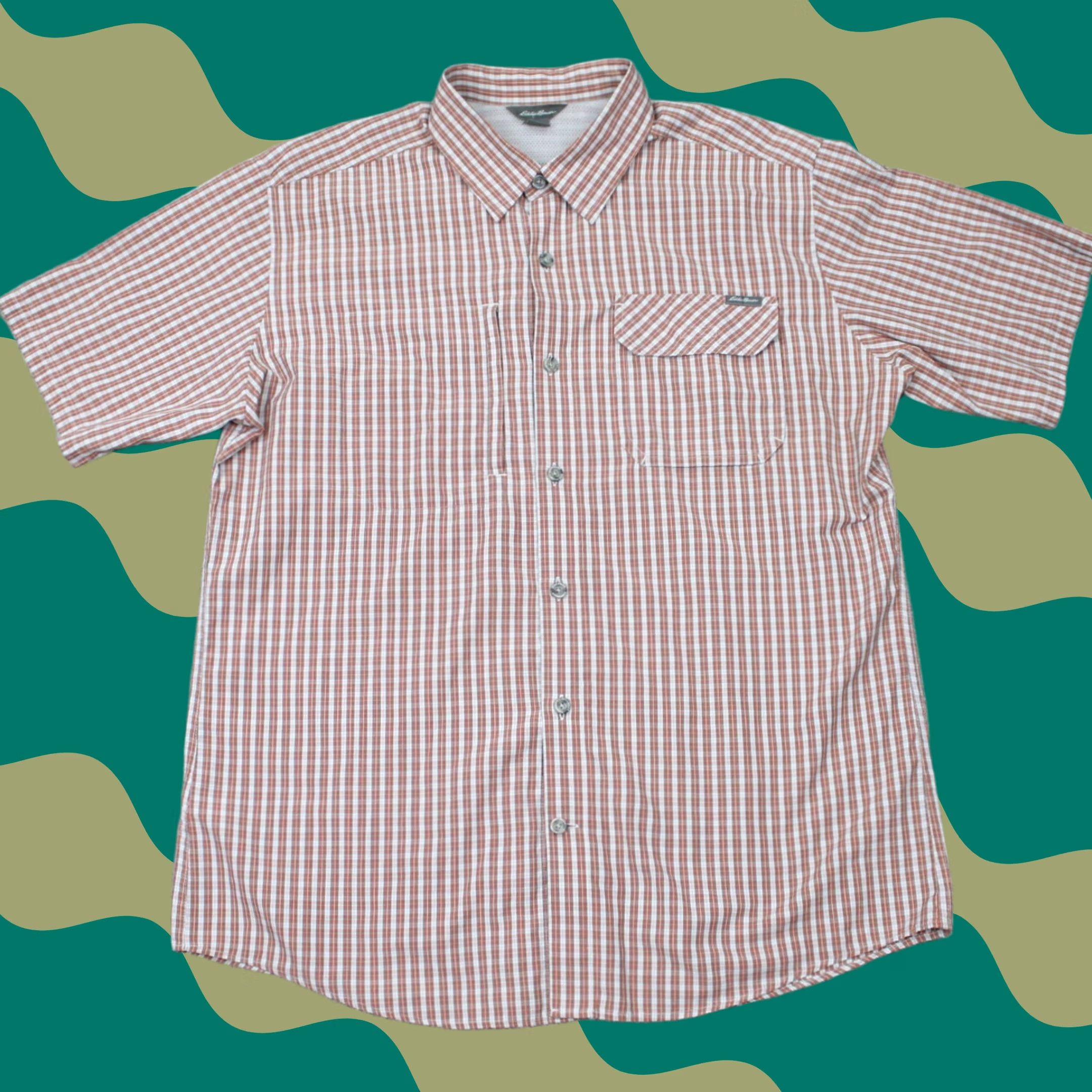 Eddie Bauer Eddie Bauer Button-Up Shirt Mens Large Orange/Gray Plaid S/S Cotton/Polyester Travex Casual Size US L / EU 52-54 / 3 - 1 Thumbnail