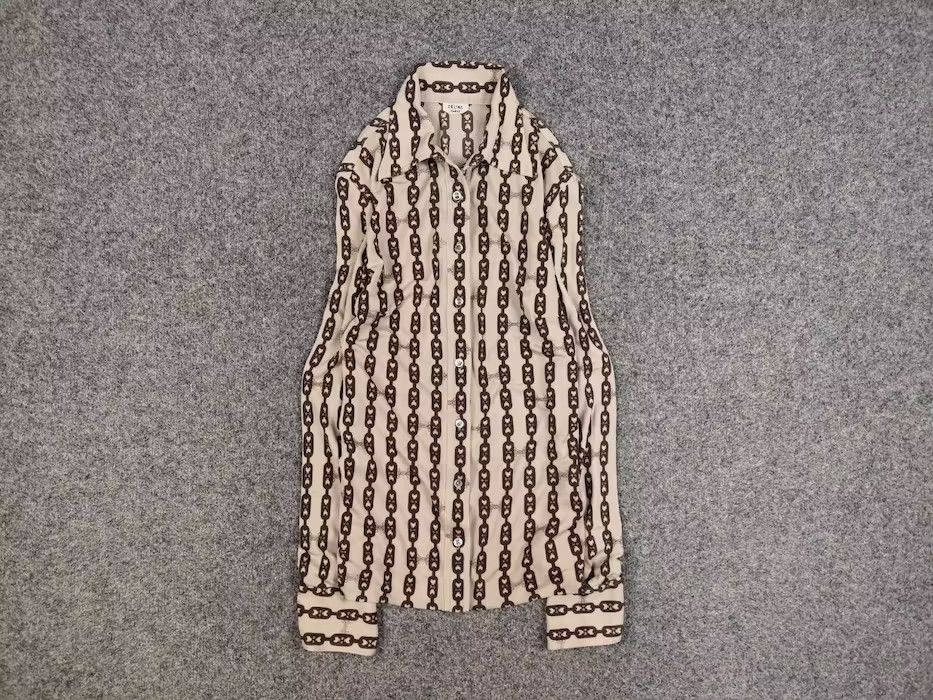 image of Vintage 70's Celine Pure Silk Monogram Logo Blouse Shirt in Beige Brown, Women's (Size Medium)