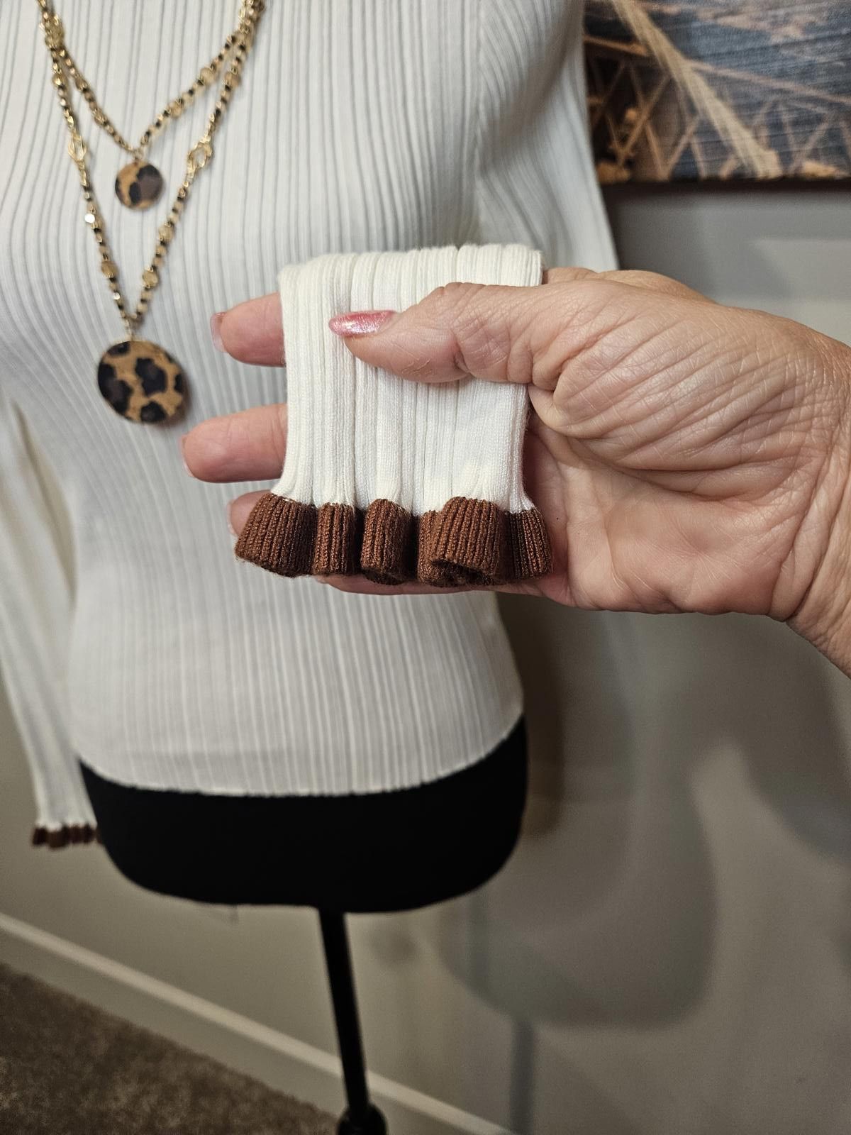 Designer Molly Green White Ribbed Sweater with Brown Accents Size XS / US 0-2 / IT 36-38 - 5 Thumbnail