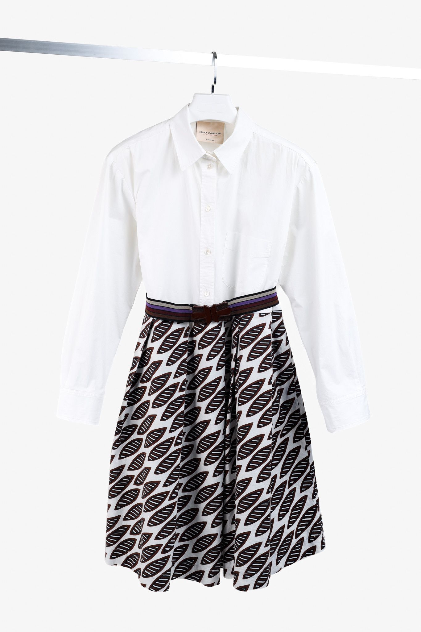 Designer Erika Cavallini Oxford Leaves Pattern Belted Shirtdress Size M / US 6-8 / IT 42-44 - 1 Thumbnail