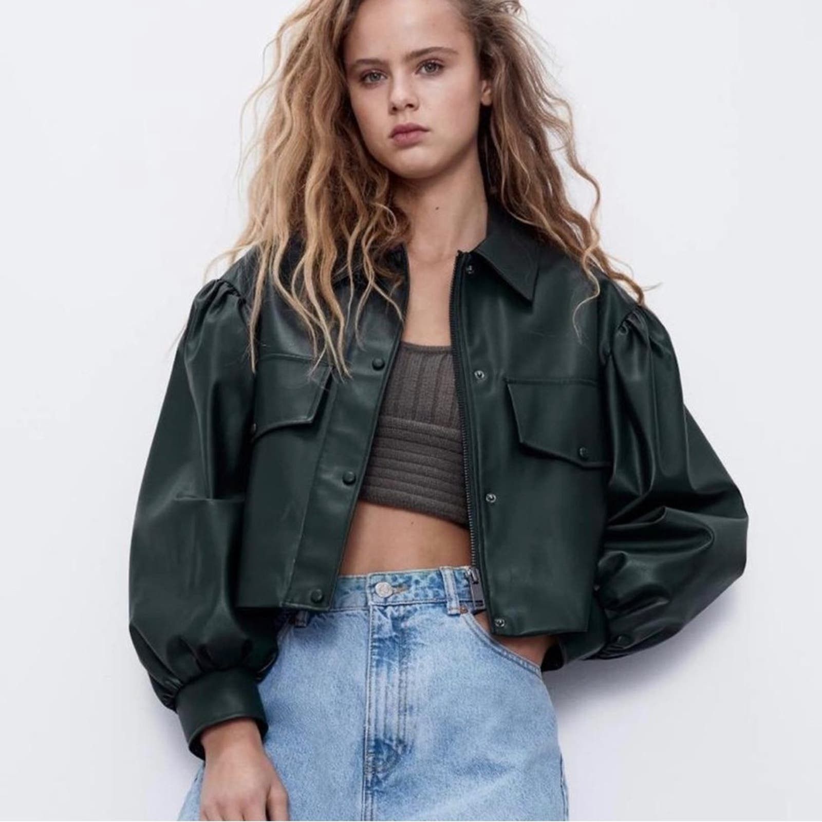 Zara dark green vegan leather puff sleeve jacket medium Outerwear