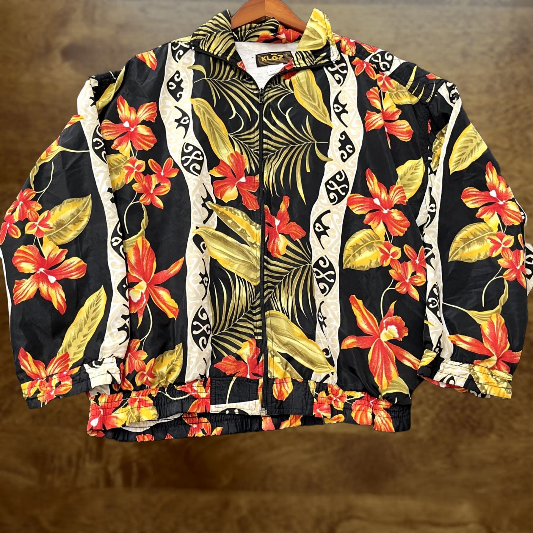 Vintage Kloz Jacket Mens M Black Red Floral Tropical Hawaiian Zip Windbreaker Size US M / EU 48-50 / 2 - 1 Thumbnail