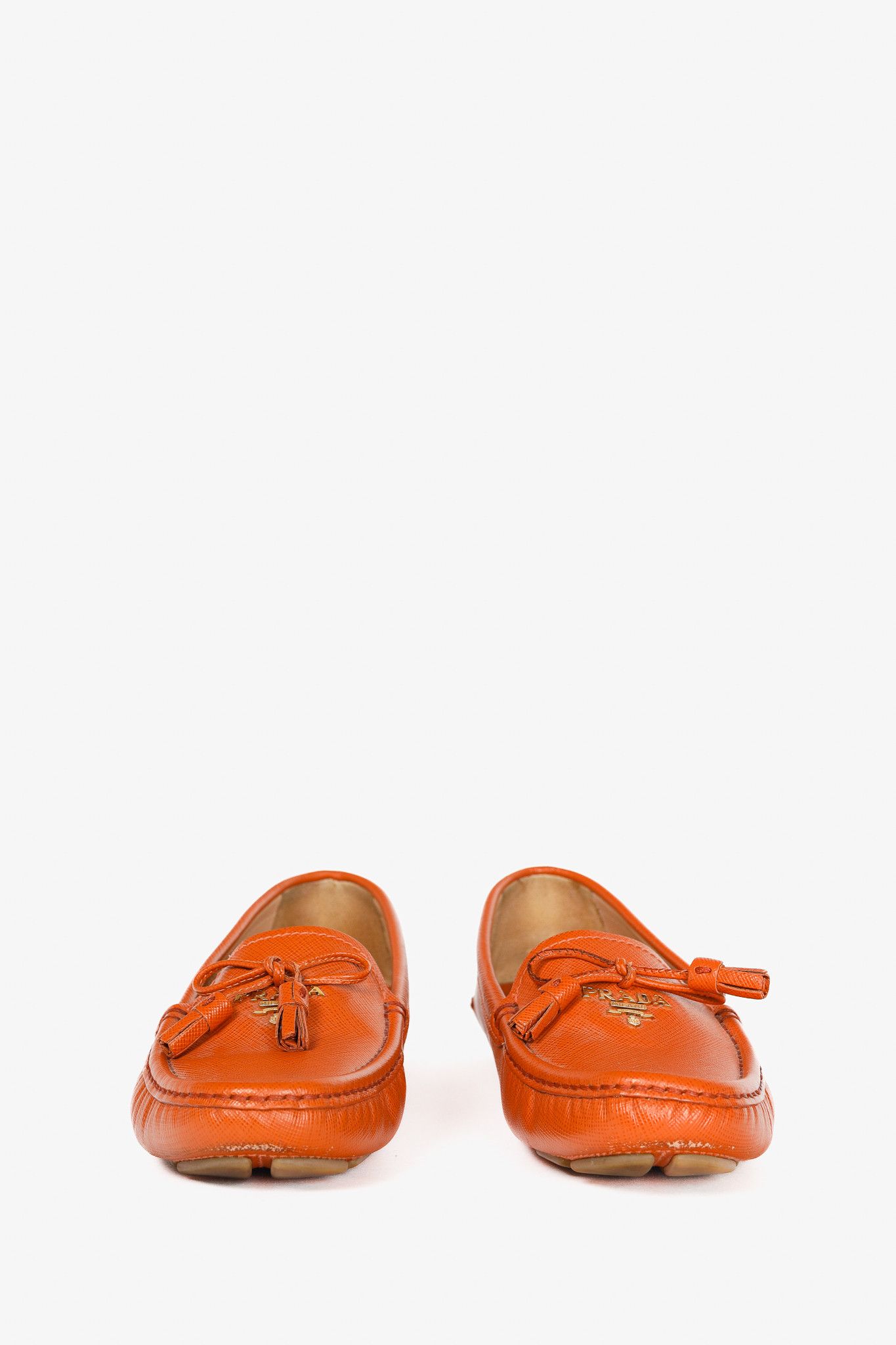 Prada Prada Orange Saffiano Leather Tassel-Bow Loafers Size US 7 / IT 37 - 3 Thumbnail