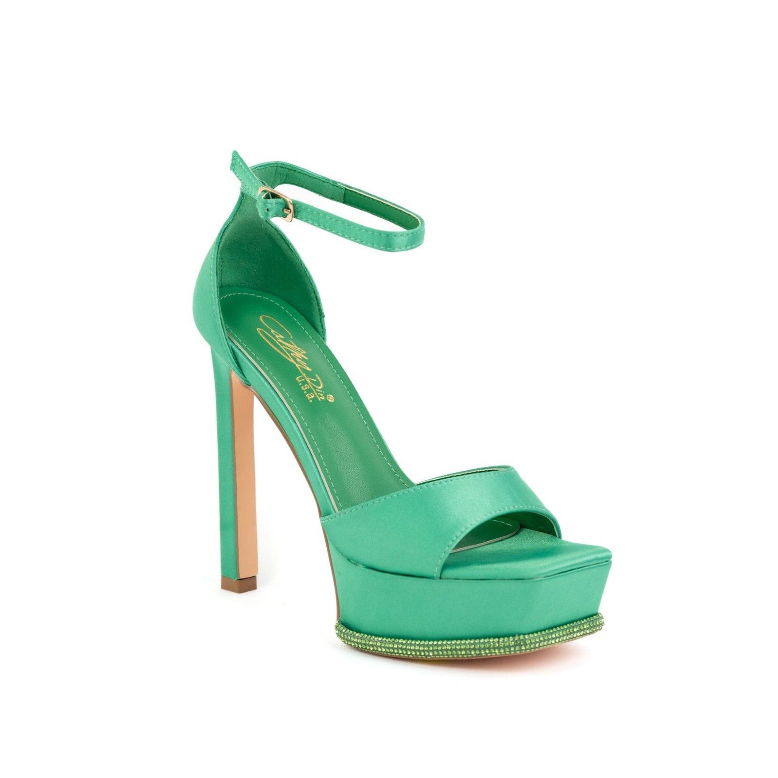 Other Green Satin Rhinestone Evening Platform High Heel Shoes Size US 10 / IT 40 - 9 Thumbnail