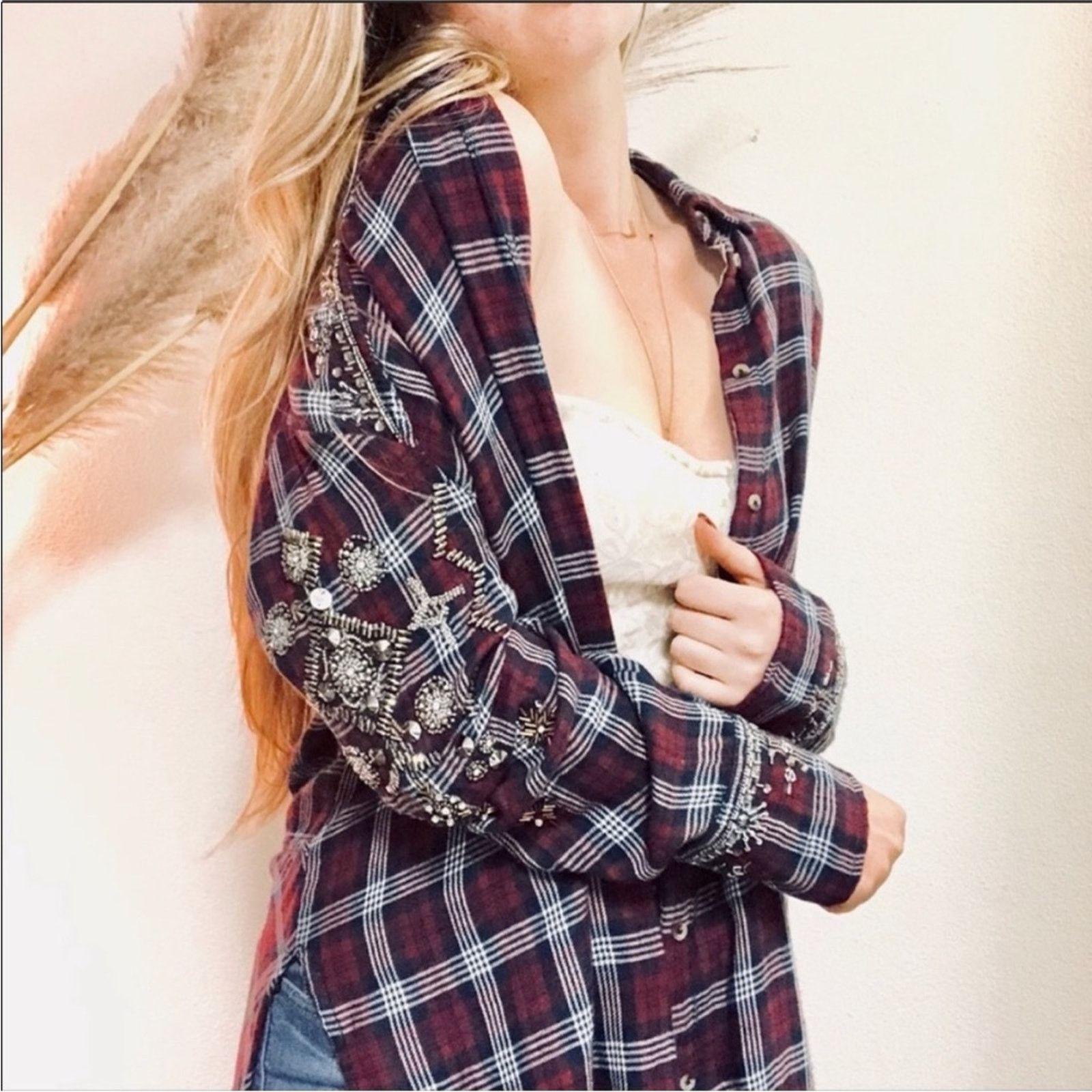 image of Free People Sequin Bead Oversized Red Flannel Plaid Shirt, Women's (Size XS)