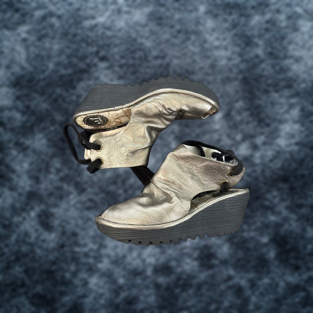 Fly London FLY London Yema Sandals Wedge Lace Up Gold Leather Womens 38 US 7.5 Shoes Size US 8 / IT 38 - 1 Thumbnail