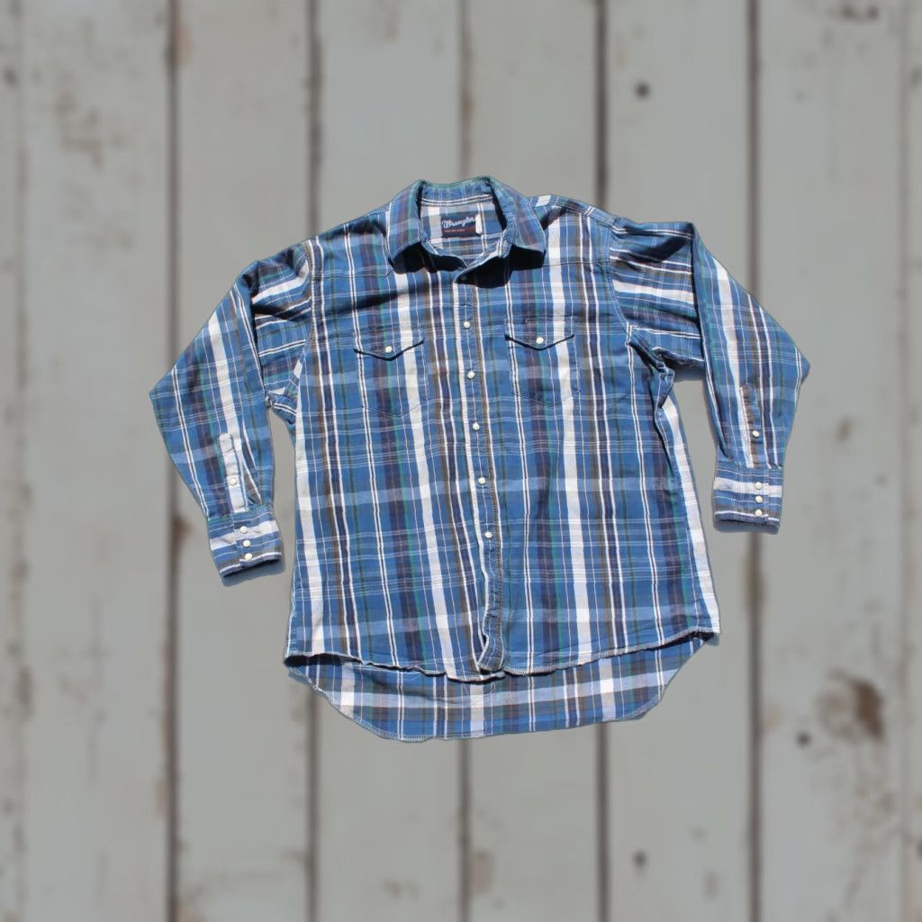 Wrangler VINTAGE Wrangler Shirt Men Flannel Long Sleeve Pearl Snap Western Plaid Blue White M Button-Up Snap_HEADER Size US M / EU 48-50 / 2 - 1 Thumbnail