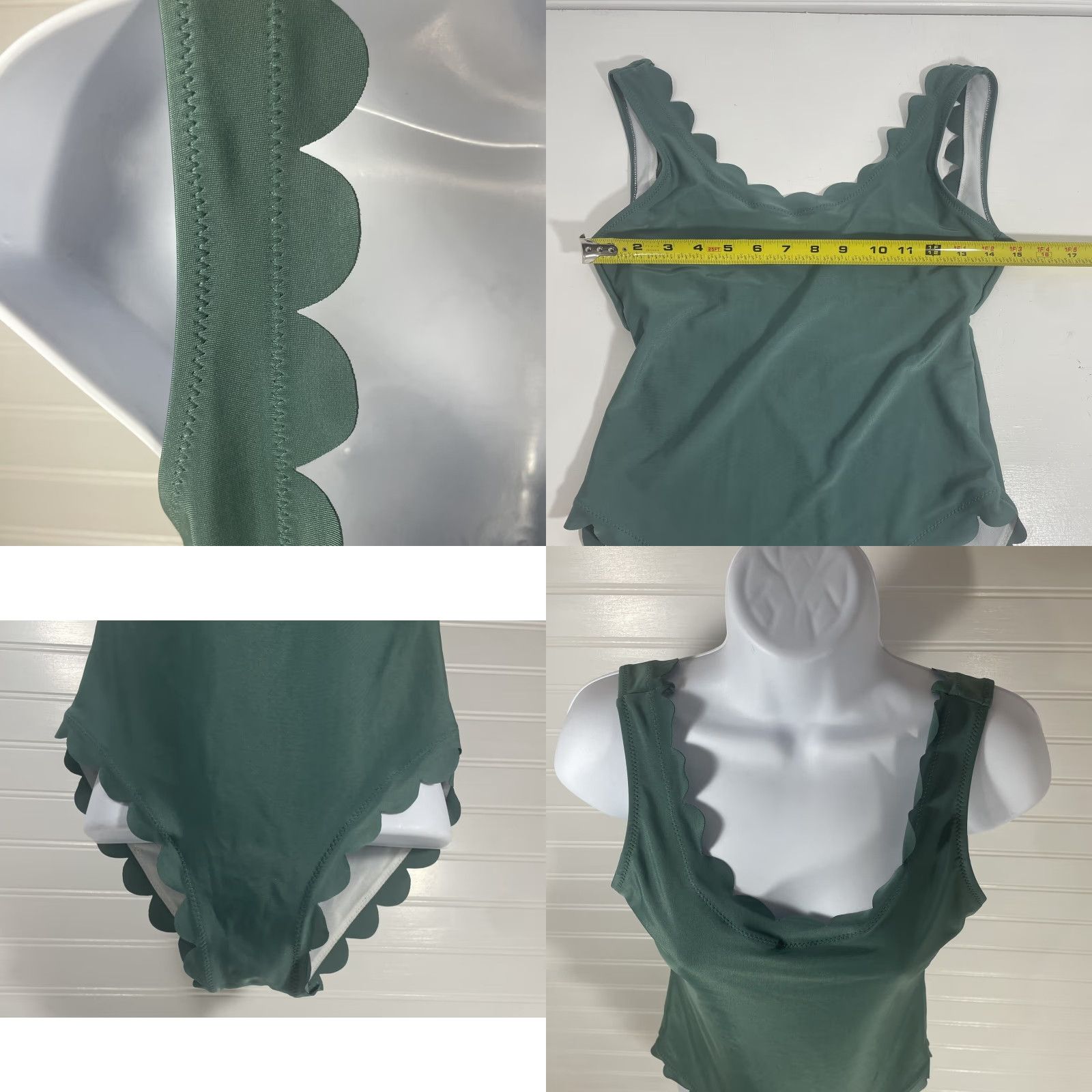 Shein VINTAGE? No. Shein Bathing Suit One Piece Green Scallop Trim Polyester 1 Piece M Women's Beach Nylon Spandex Lining Scallop Scoop Neck Halter Size M / US 6-8 / IT 42-44 - 10 Thumbnail