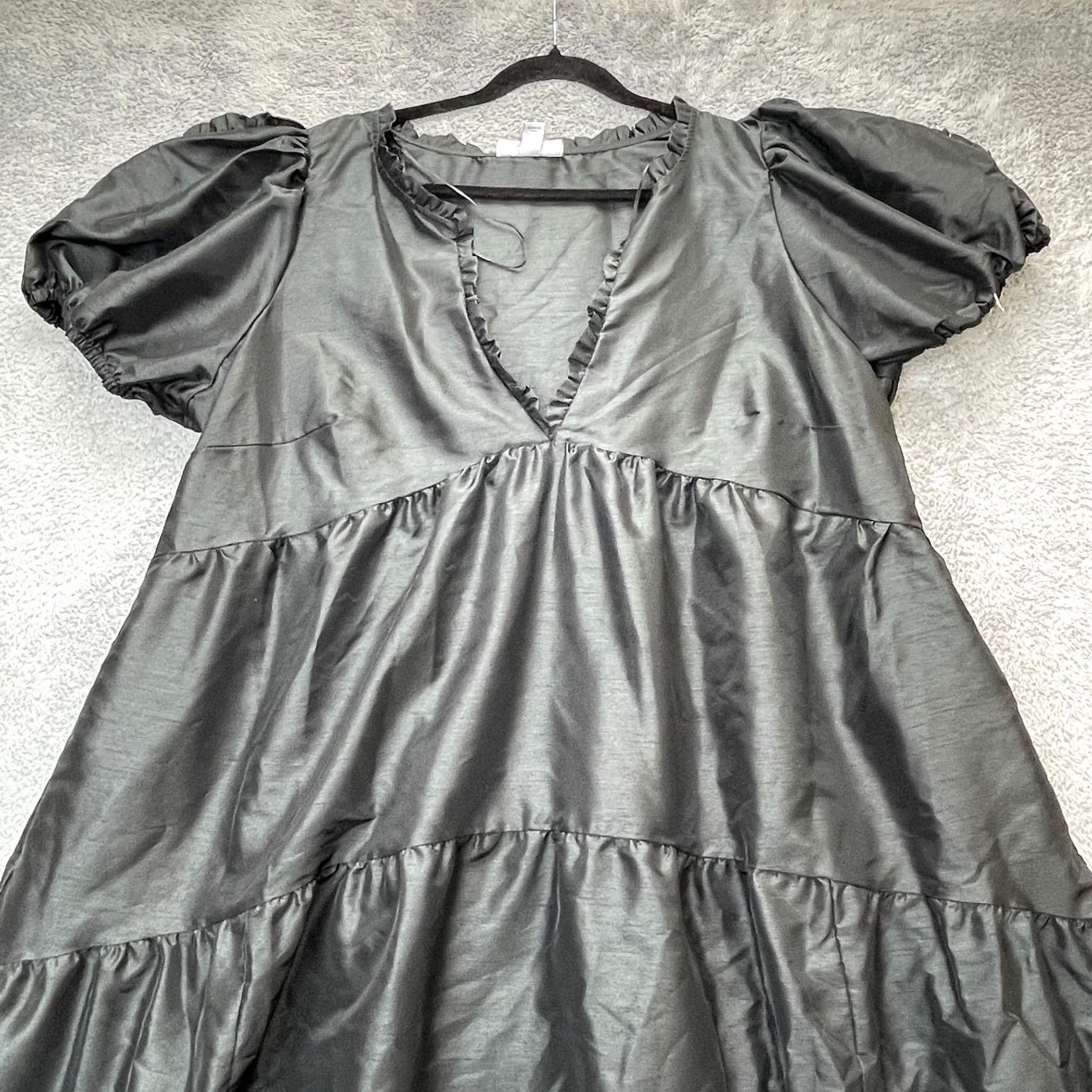 Vintage Kika Vargas Dress Womens XL Plus Black Fit & Flare Puff Sleeve Tiered Ruffle Short Sleeve V-Neck Size XL / US 12-14 / IT 48-50 - 3 Thumbnail