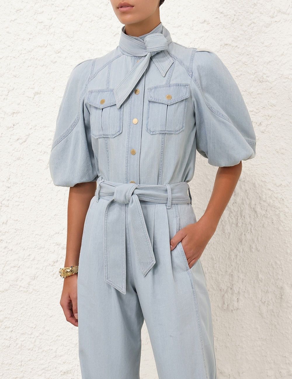 Zimmermann oc11z1025 Acacia Denim Lantern Blouse in Ice Blue Size L / US 10 / IT 46 - 2 Thumbnail