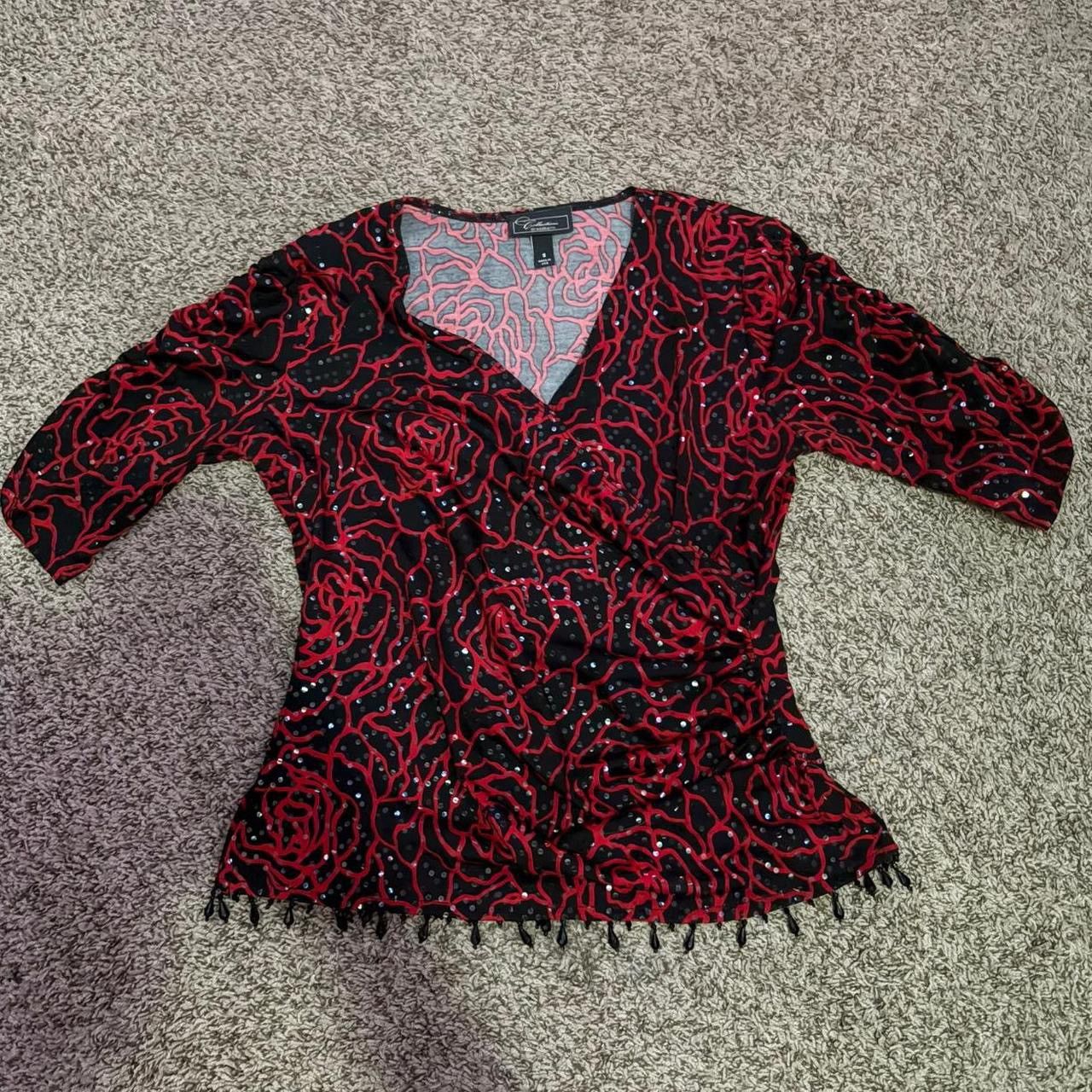 Other Y2K Red and black sequin rose print babydoll top with fringe Size S / US 4 / IT 40 - 1 Thumbnail