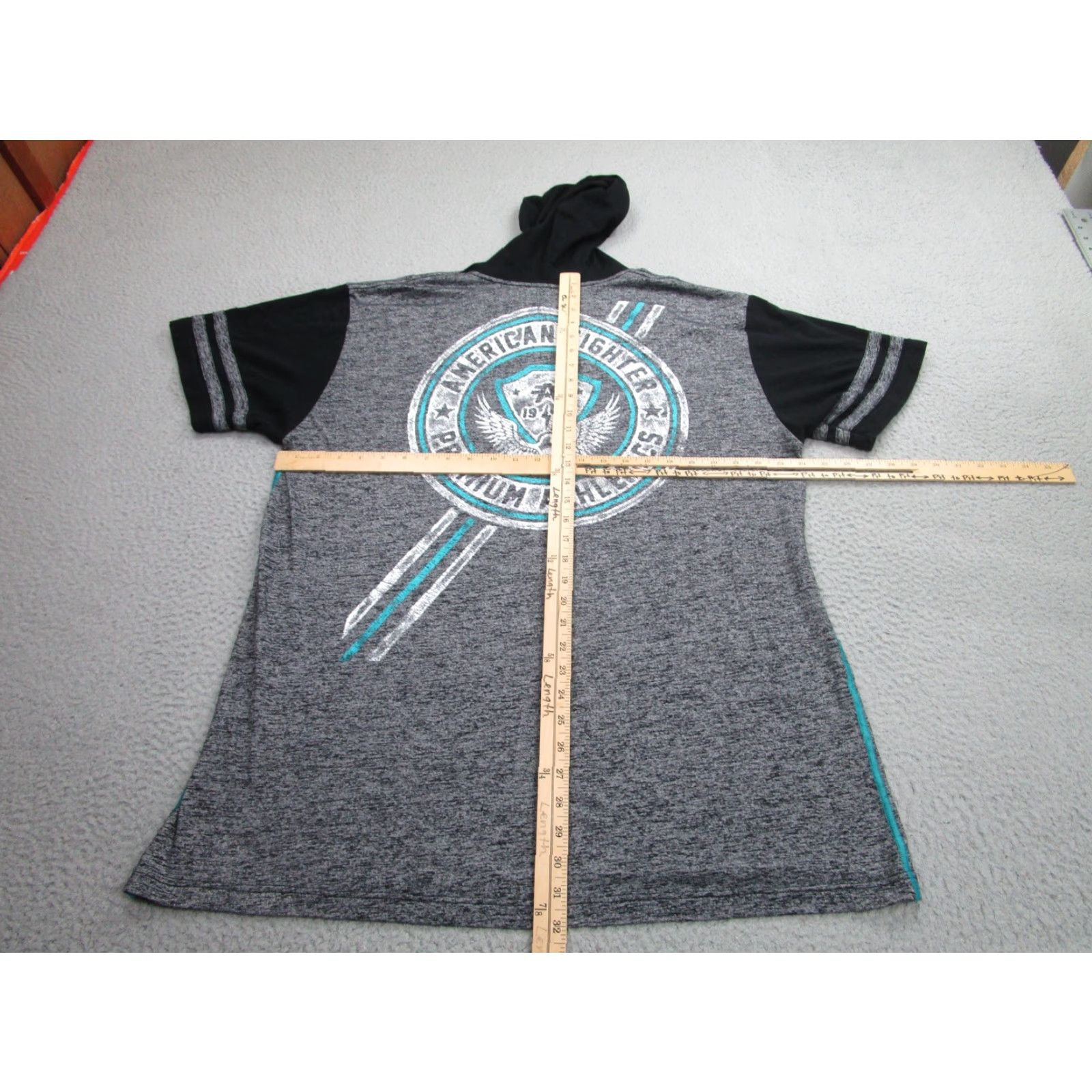 Vintage American Fighter Shirt Mens 2XL Gray Black Hooded Athletic Tee Premium Graphic Size US XXL / EU 58 / 5 - 6 Thumbnail