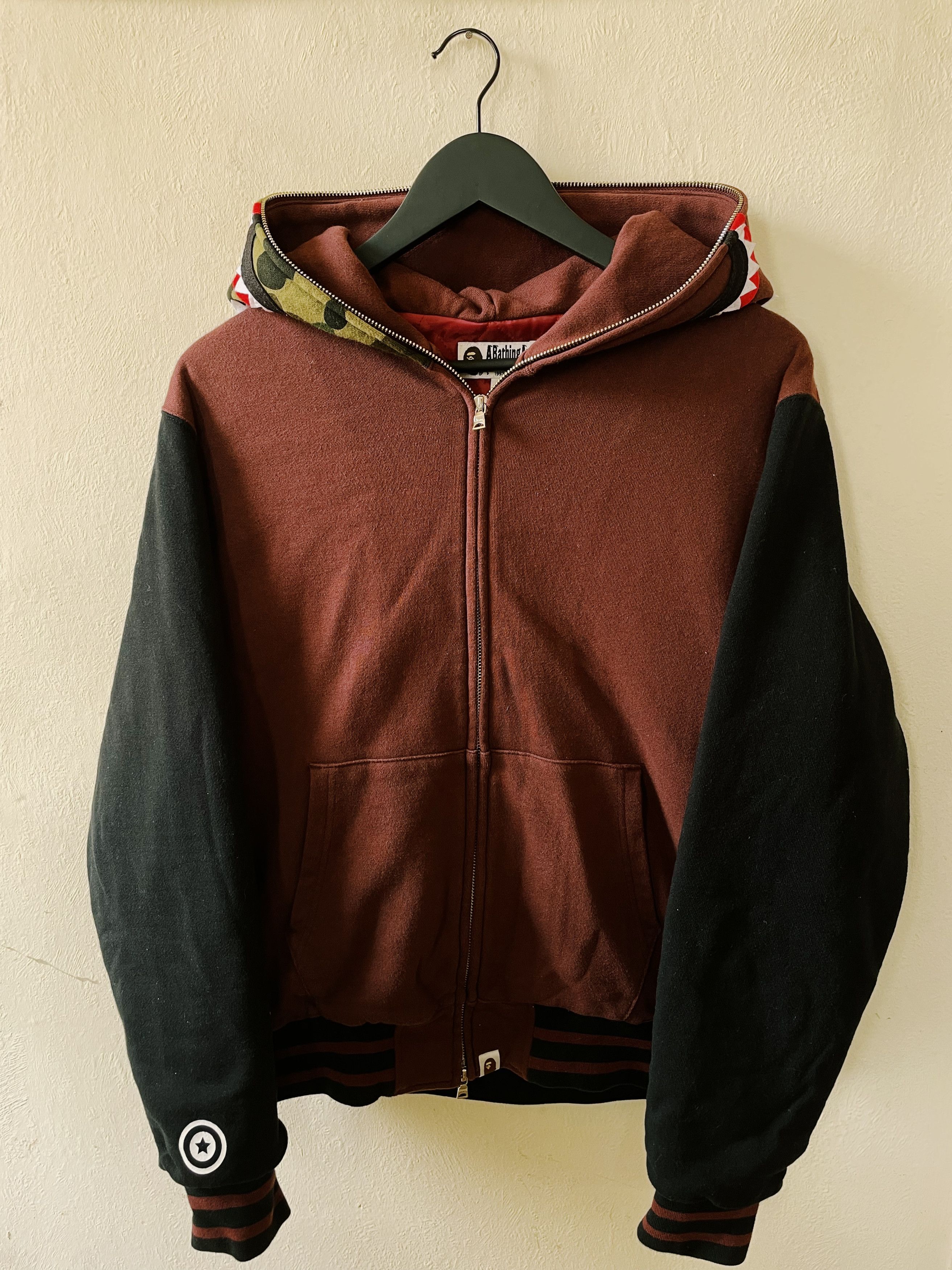 image of Bape 1St Camo Shark Sweat Padded Varsity Hoodie Jacket in Burgundy/Black, Men's (Size Medium)