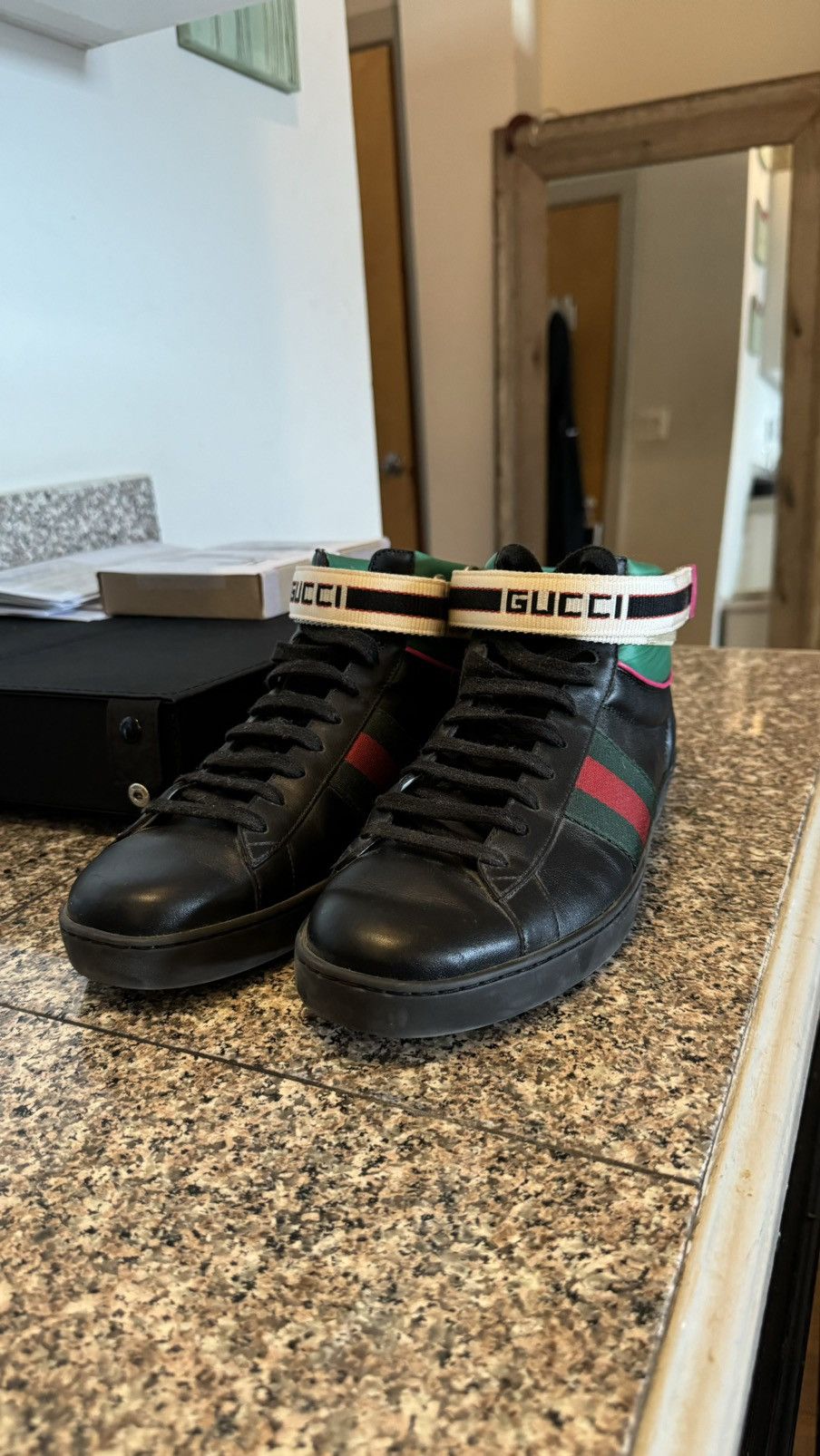 image of Gucci High Top Aces Black Leather 2018 Shoes, Men's (Size 9.5)