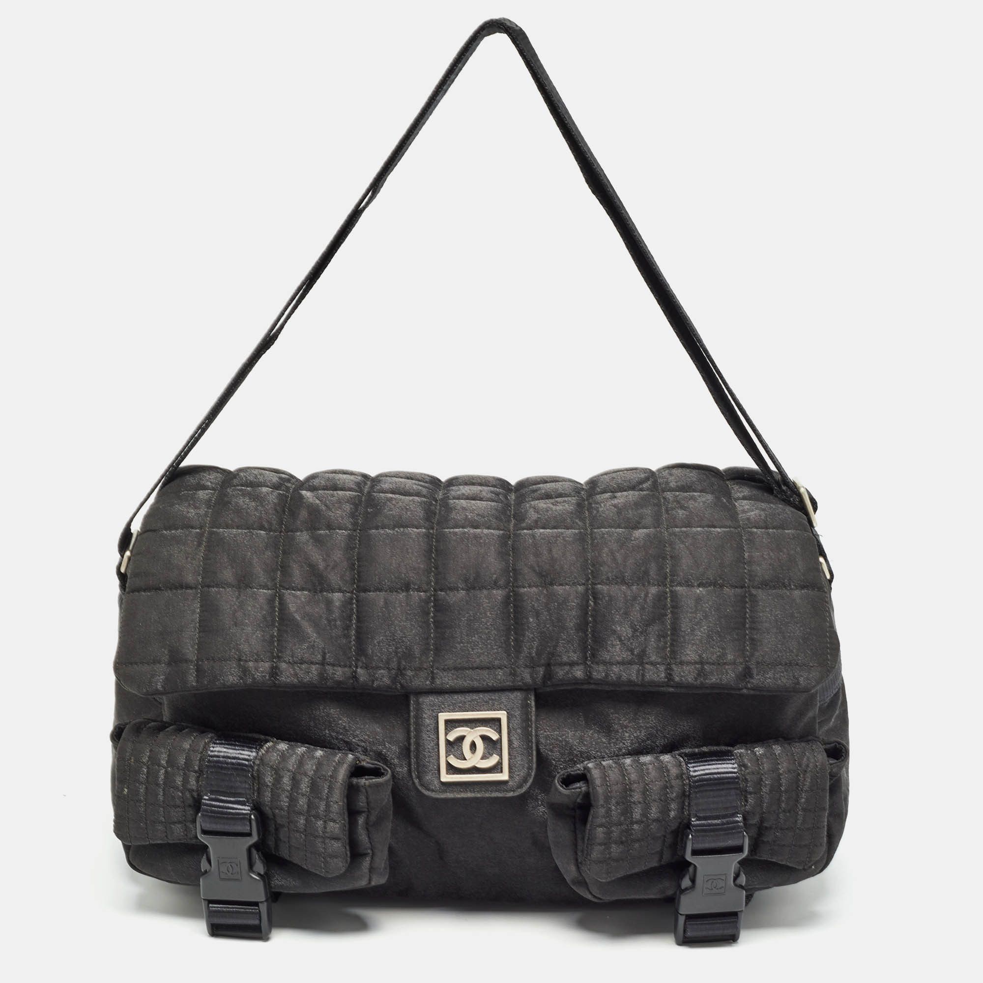 image of Chanel Black Cube Quilted Nylon Sports Ligne Messenger Bag, Women's
