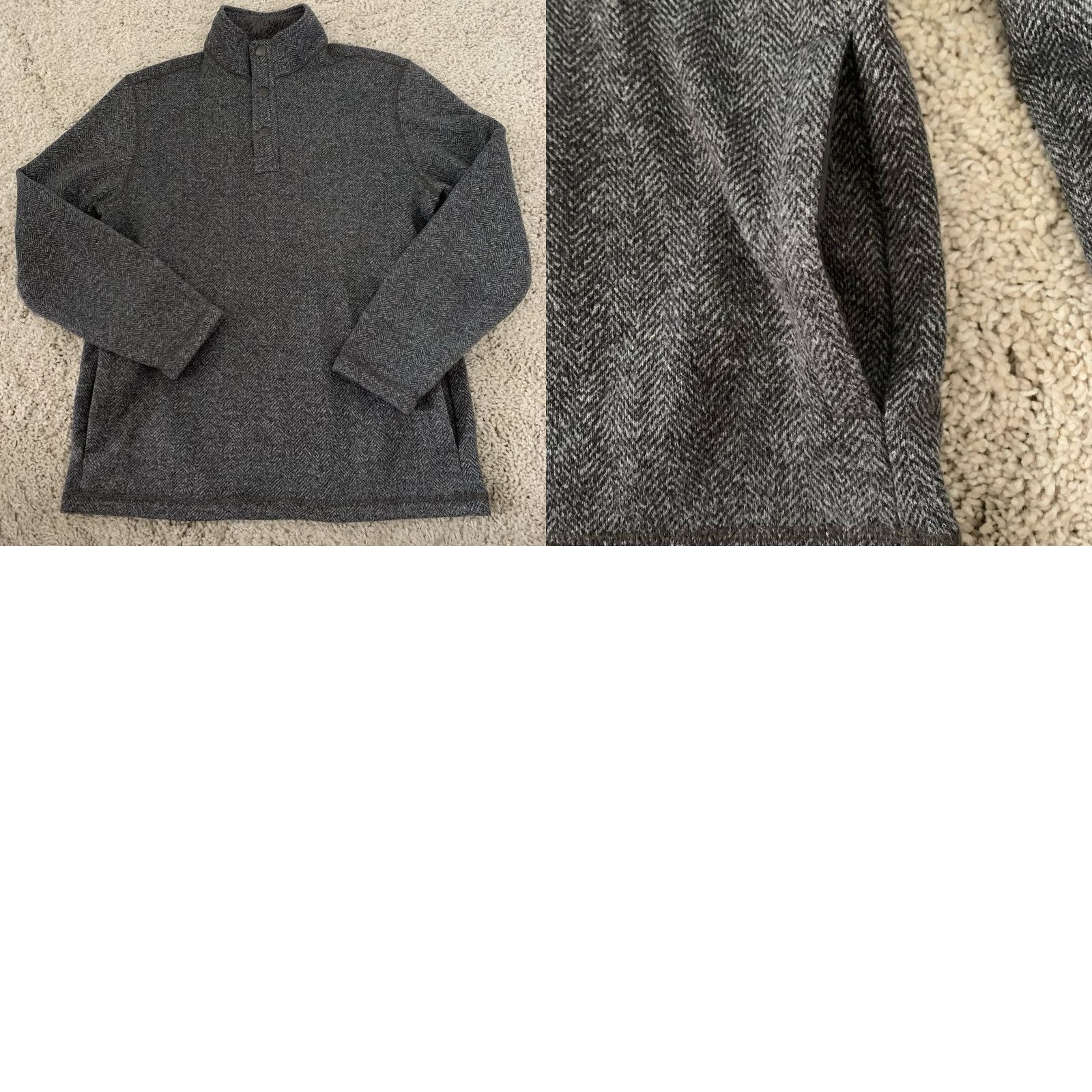 Vintage G.H. Bass & Co. 1/4 Snap Pullover Mens Medium Herringbone Sweater Fleece Lined Pockets Gray Mock Neck Knit Pullover Shirt? Size US M / EU 48-50 / 2 - 8 Thumbnail