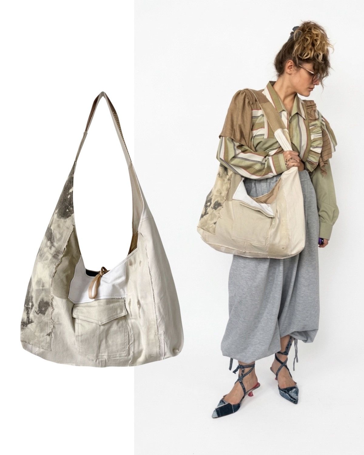 Custommade Handcrafted oversized messenger bag made from reworked denim Size ONE SIZE - 3 Thumbnail