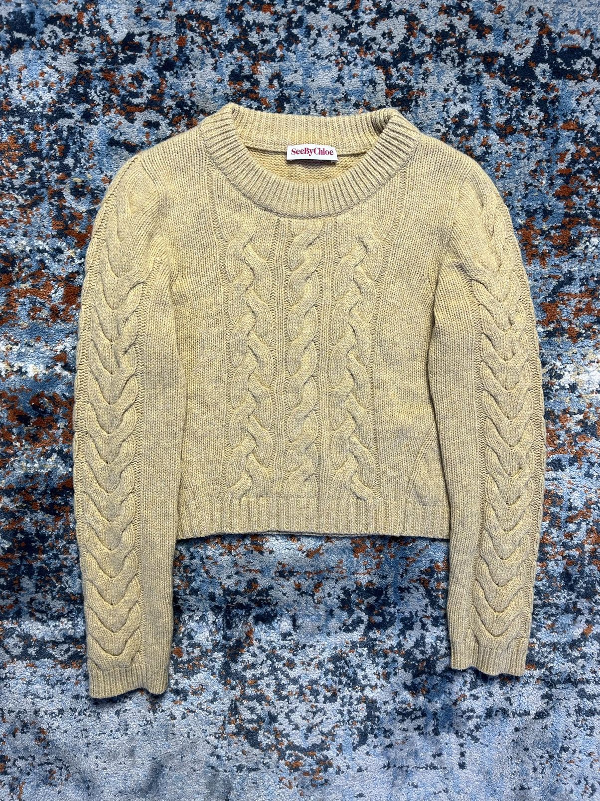 image of Vintage Y2K See By Chloe Cable Knit Sweater Cropped Fit in Mustard, Women's (Size Medium)