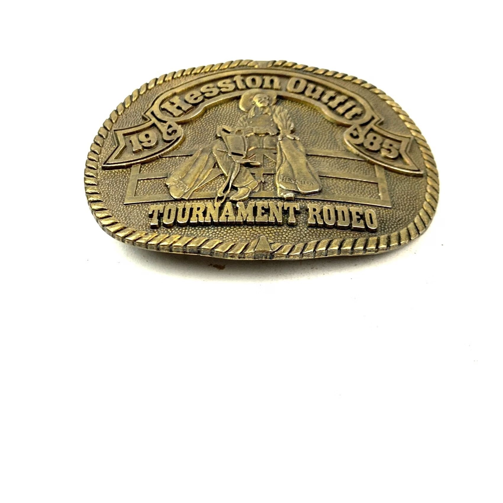 Vintage Hesston Outfit Tournament Rodeo Metal Belt Buckle 1985 Series #1 PRCA Men Western Buckle Metal Scuffing Condition Size ONE SIZE - 2 Thumbnail