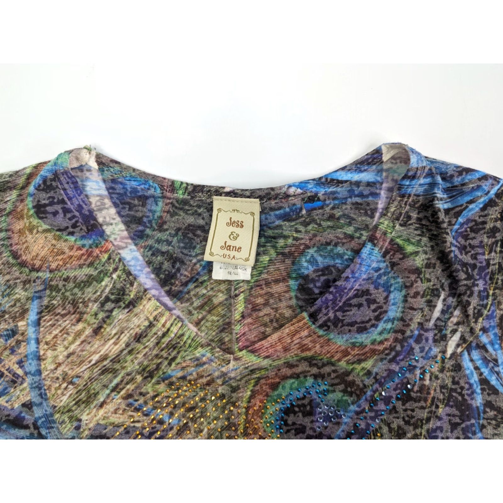 Vintage Jess and Jane Top Womens Small Peacock Abstract Rhinestone Boho Artsy 3/4 Sleeve Size S / US 4 / IT 40 - 7 Thumbnail