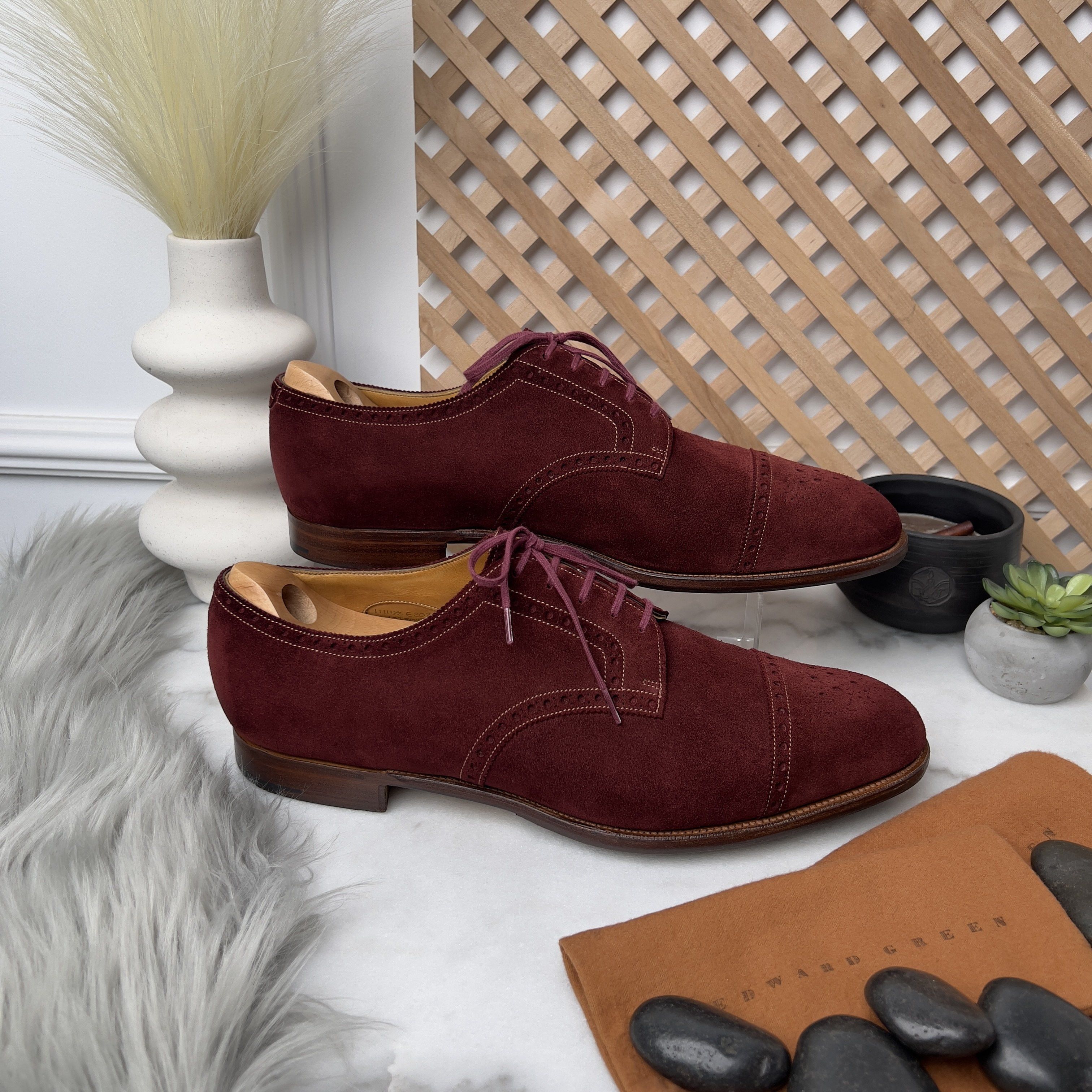 Edward Green Cardiff Cap Toe Oxfords Brogue Burgundy Suede Size US 12 / EU 45 - 4 Thumbnail