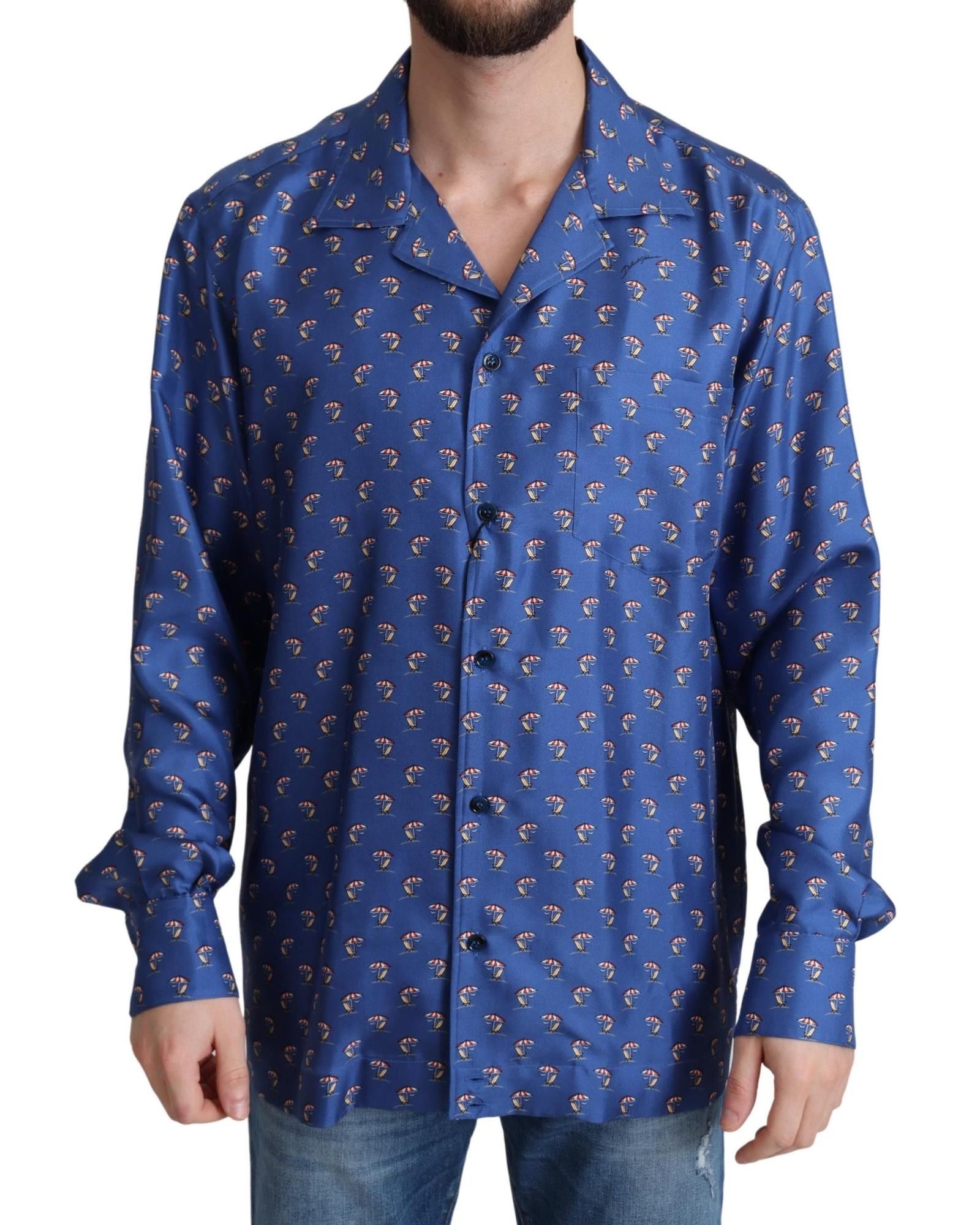 image of Dolce Gabbana Beach Chair Umbrella Print Silk Shirt in Blue, Men's (Size Small)