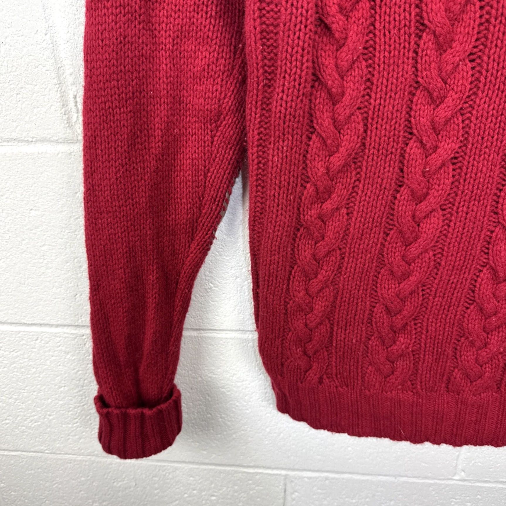Ralph Lauren VINTAGE Polo Ralph Lauren Cable Knit Suede Elbow Patch Sweater M Red Men's Pullover 90s Preppy London Style Size US M / EU 48-50 / 2 - 5 Thumbnail