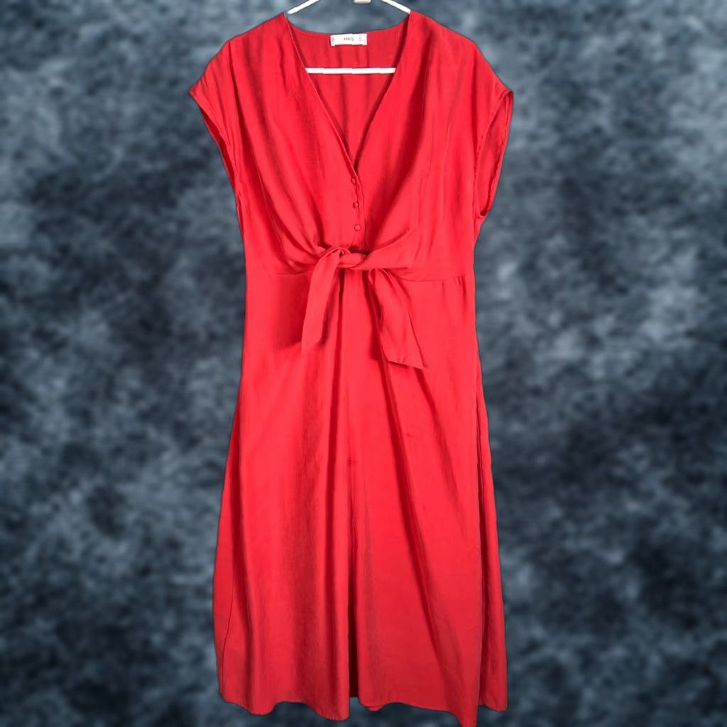 Mango Mango Red Midi Dress Waist Tie Button Front Womens Size 8 Size M / US 6-8 / IT 42-44 - 1 Thumbnail