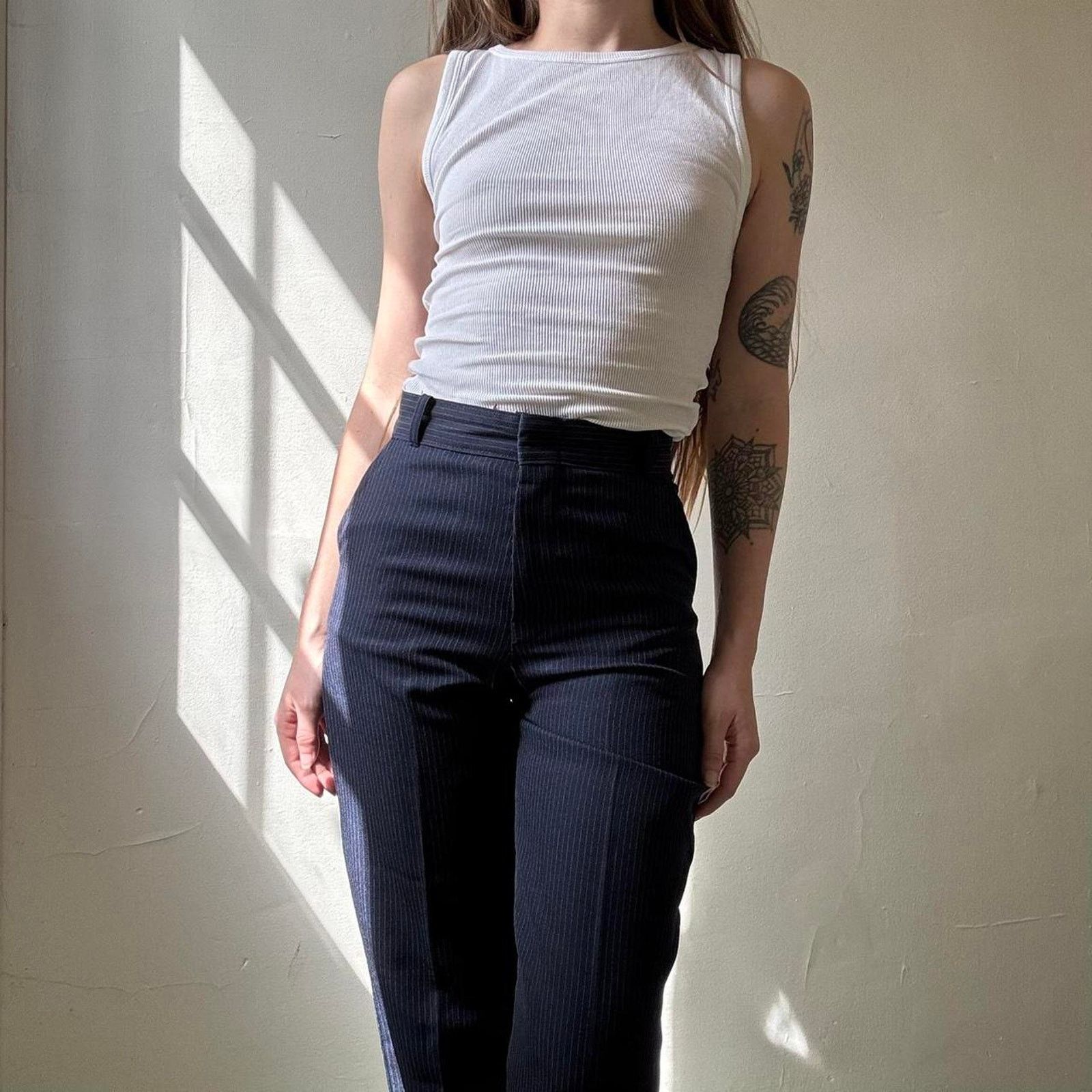Other Vintage Handmade Navy Pinstripe Dress Pant Trouser Petite Size 22" - 3 Thumbnail