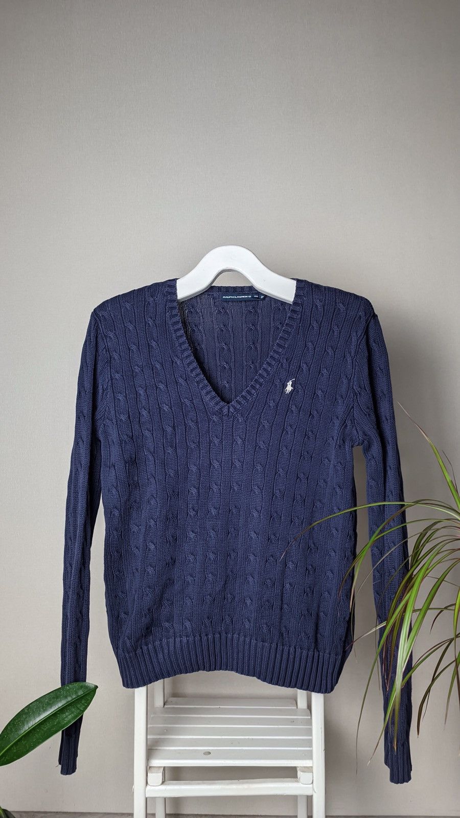 Japanese Brand × Polo Ralph Lauren × Vintage Polo Ralph Lauren navy blue vintage V-Neck Cable Knit jumper Size XL / US 12-14 / IT 48-50 - 1 Thumbnail