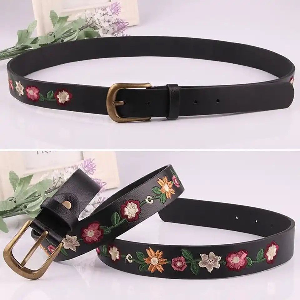 Leather Versatile Embroidered Flower Leather Belt Size ONE SIZE - 2 Thumbnail