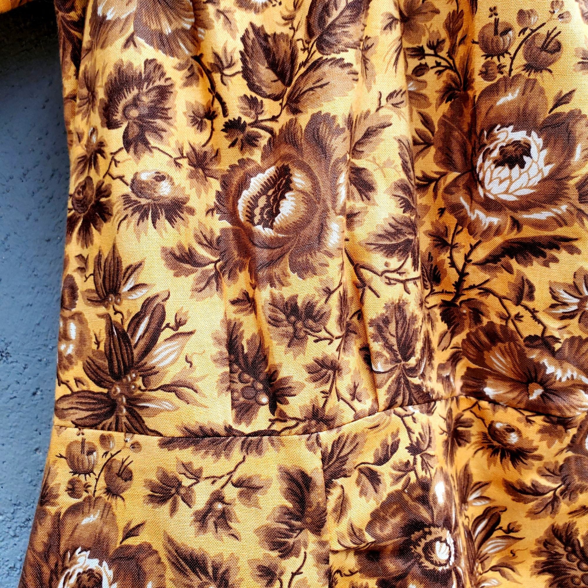Handmade Vintage 70s Yellow Brown Floral Midi Dress Prairie Boho Autu Size L / US 10 / IT 46 - 2 Thumbnail