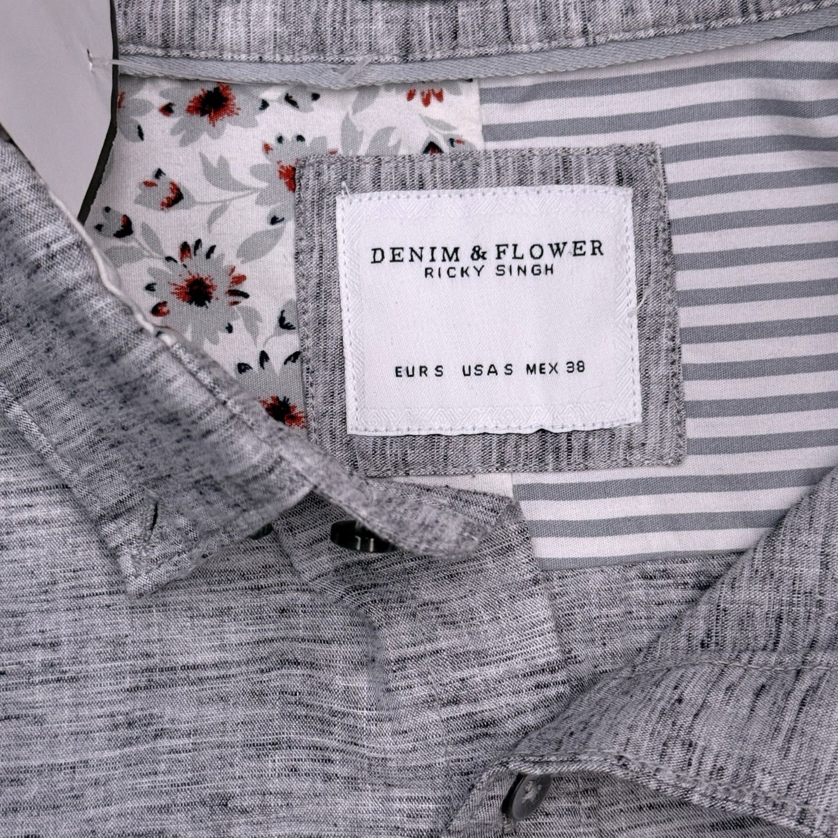 Denime Denim & Flower Shirt Mens S Gray Chambray Button Up Collared Long Sleeve Slim Casual Workwear Button-Up Flower Theme Modern All Seasons Size US S / EU 44-46 / 1 - 5 Thumbnail