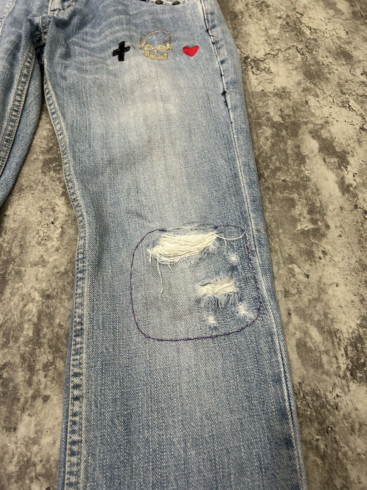 Hysteric Glamour × Japanese Brand × Seditionaries Word Wide Love Skull Ring Distressed Jeans Size US 30 / EU 46 - 4 Thumbnail