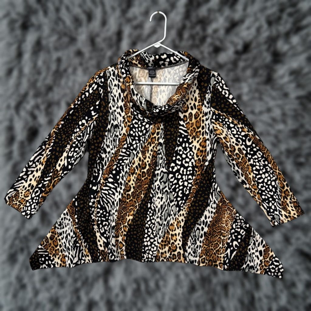 Vintage Robert Louis Tunic Top Womens L Brown Animal Print Cowl Neck Sharkbite Hem Boho Size L / US 10 / IT 46 - 1 Thumbnail