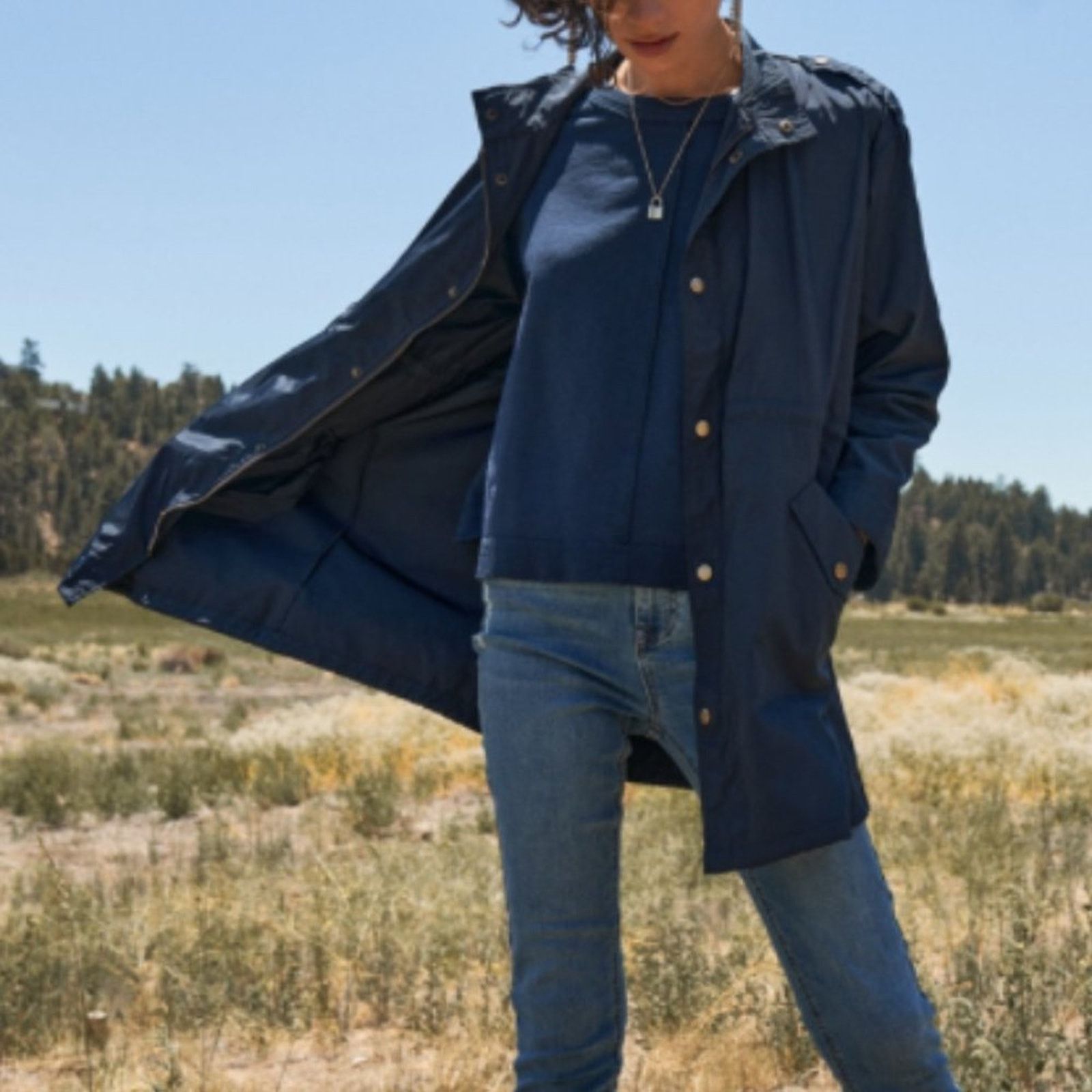 Other Navy Glossy Drawstring Trim Button-Down Coach Jacket Size S / US 4 / IT 40 - 3 Thumbnail