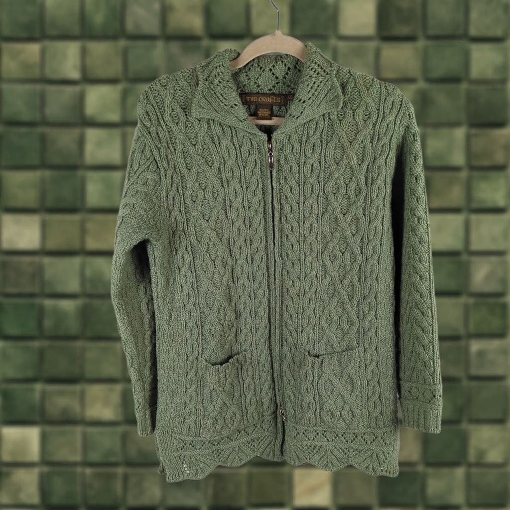 Vintage Inis Crafts Sweater Womens S Cable-Knit Merino Wool Full Zip Green Size S / US 4 / IT 40 - 1 Thumbnail