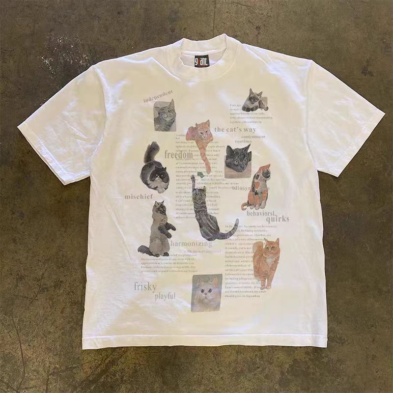 Vintage White washed retro cute cat print t-shirt Size US M / EU 48-50 / 2 - 1 Thumbnail
