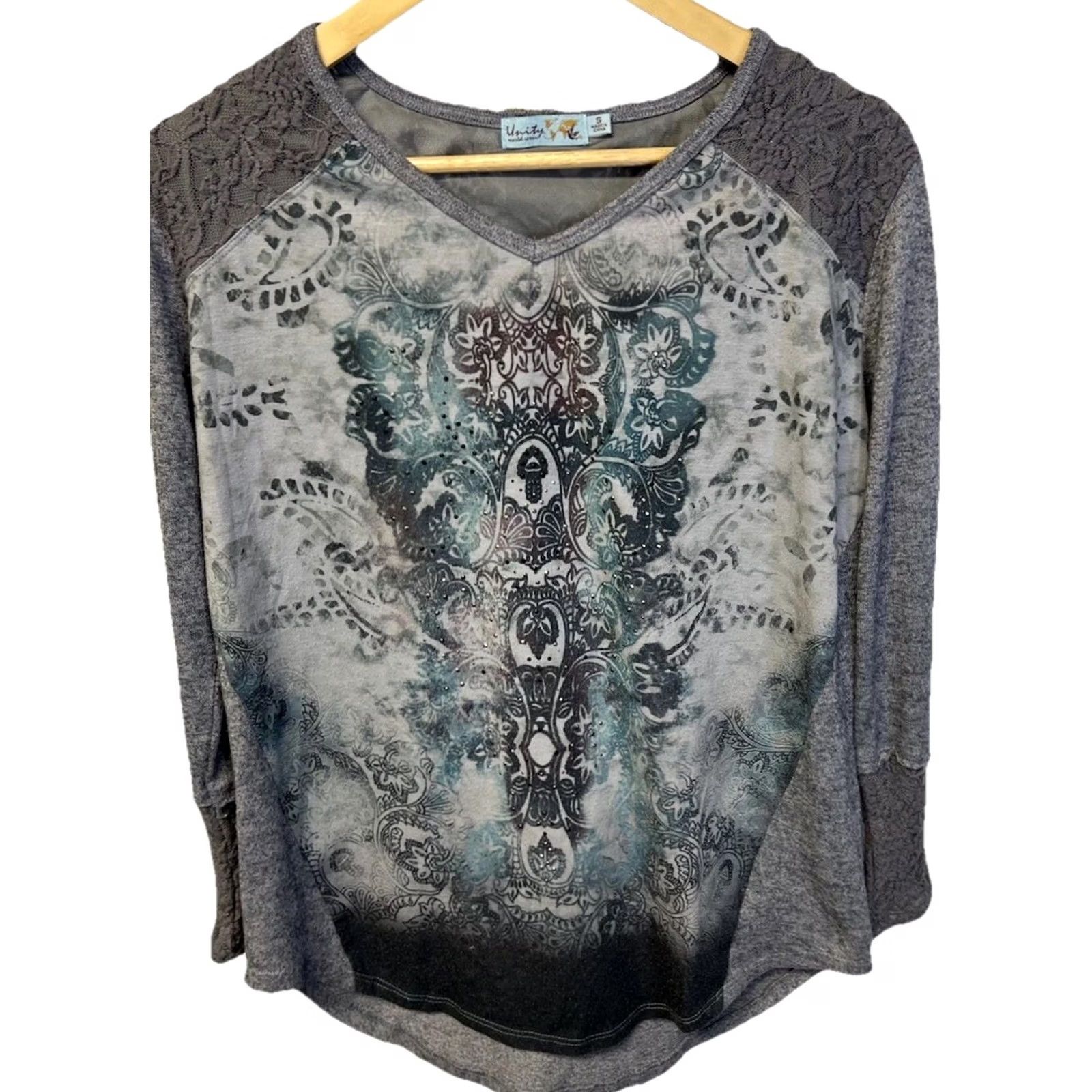 Vintage Unity World Boho Lace Rhinestones Mixed Media Top Women’s S Gray Size S / US 4 / IT 40 - 2 Thumbnail