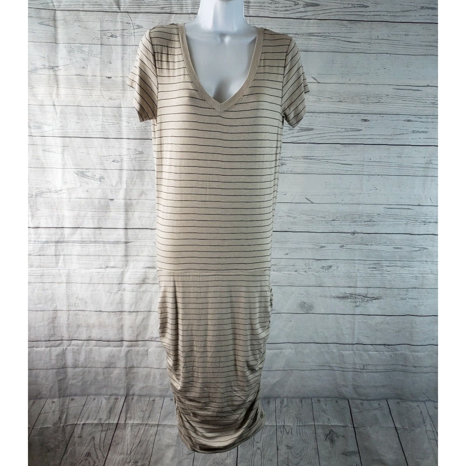 Prana prAna Womens Foundation Dress Dress Short Sleeve V-Neck Ruched M Multicolor Striped Knee Length Casual Jersey? Size 32" / US 10 / IT 46 - 2 Thumbnail