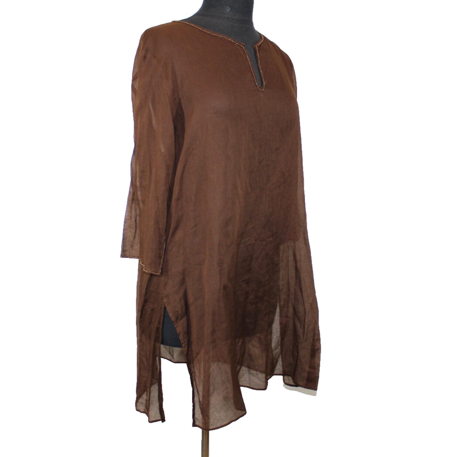 Eileen Fisher EILEEN FISHER Chiffon Tunic Dress Brown Cotton Rhinestone L Size L / US 10 / IT 46 - 3 Thumbnail