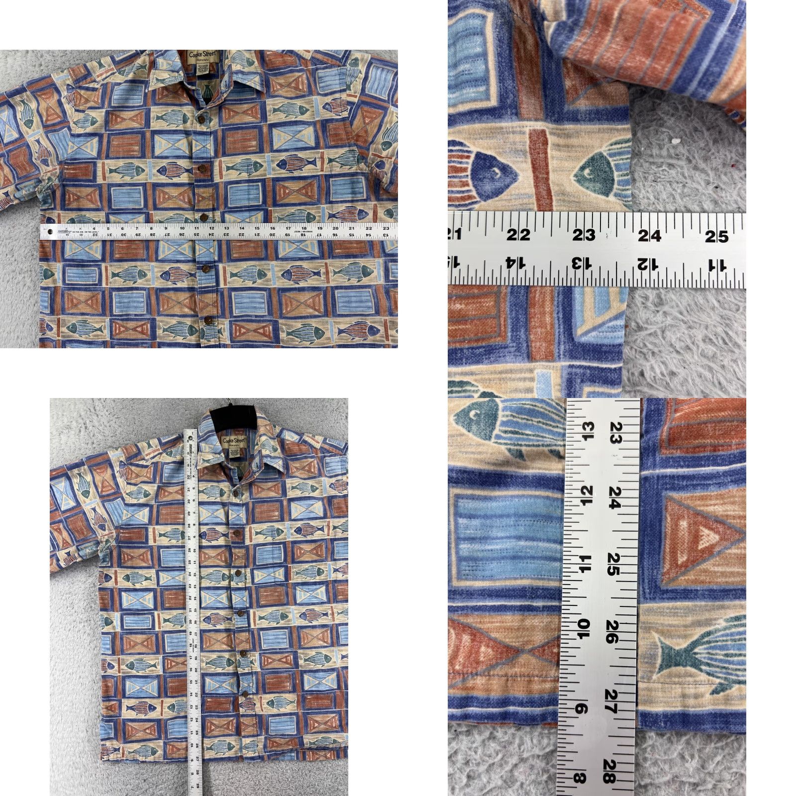 Vintage Cooke Street Shirt Mens Large Blue Beige Cotton Hawaiian Fish Tile Button-Up Short Sleeve Size US L / EU 52-54 / 3 - 8 Thumbnail