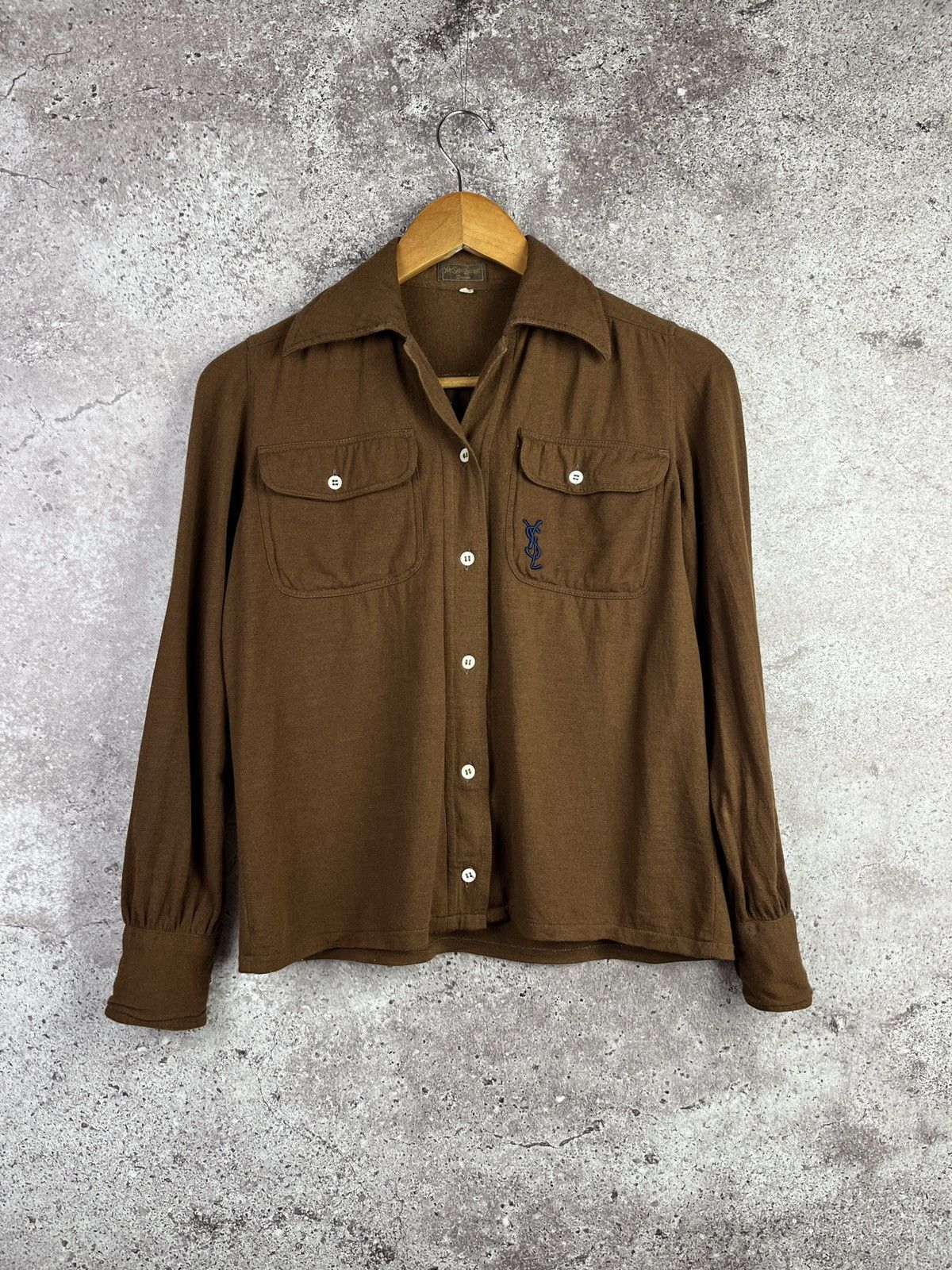 Yves Saint Laurent Vintage YSL Wool Shirt Brown Logo Italy Tricots Designer Size M / US 6-8 / IT 42-44 - 2 Thumbnail
