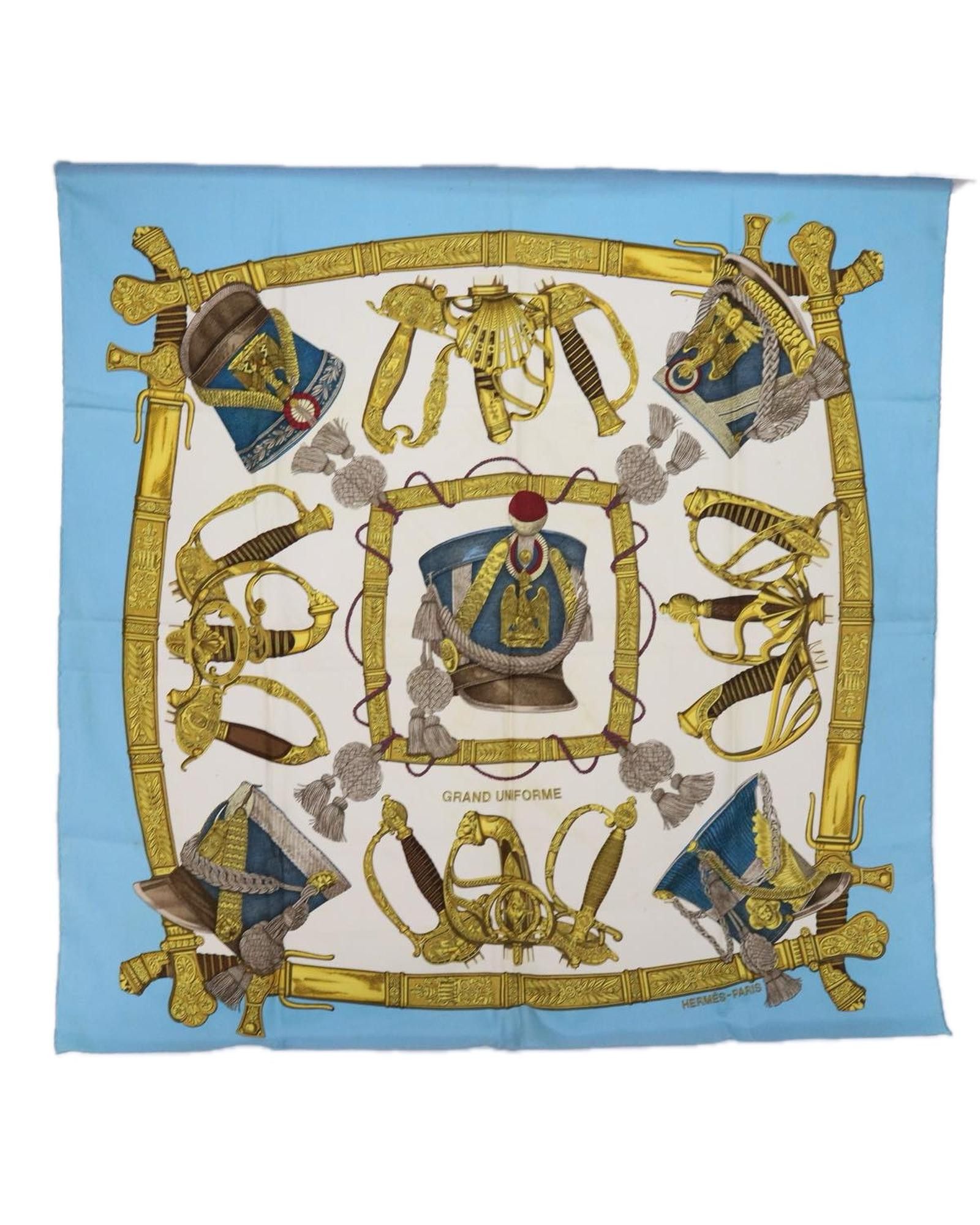image of Hermes Light Blue Silk Scarf With Grand Uniforme Design, Women's