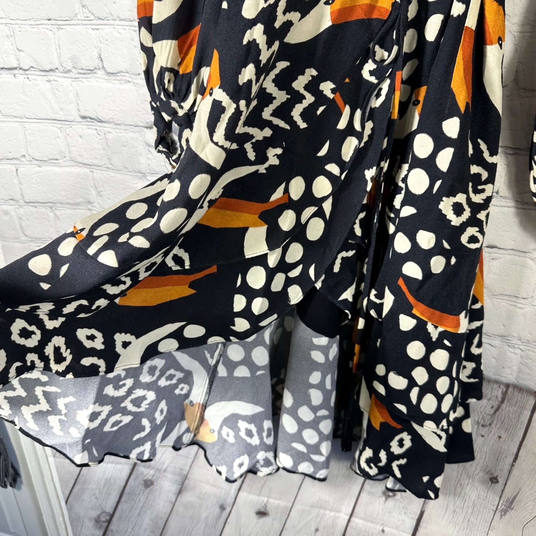 Farm Rio FARM Rio Wrap Dress XS NWT Black Tucano Multicolor Tropical Puff Sleeve V-Neck Ruffle Hem Tie Short Dress Women Size XS / US 0-2 / IT 36-38 - 5 Thumbnail
