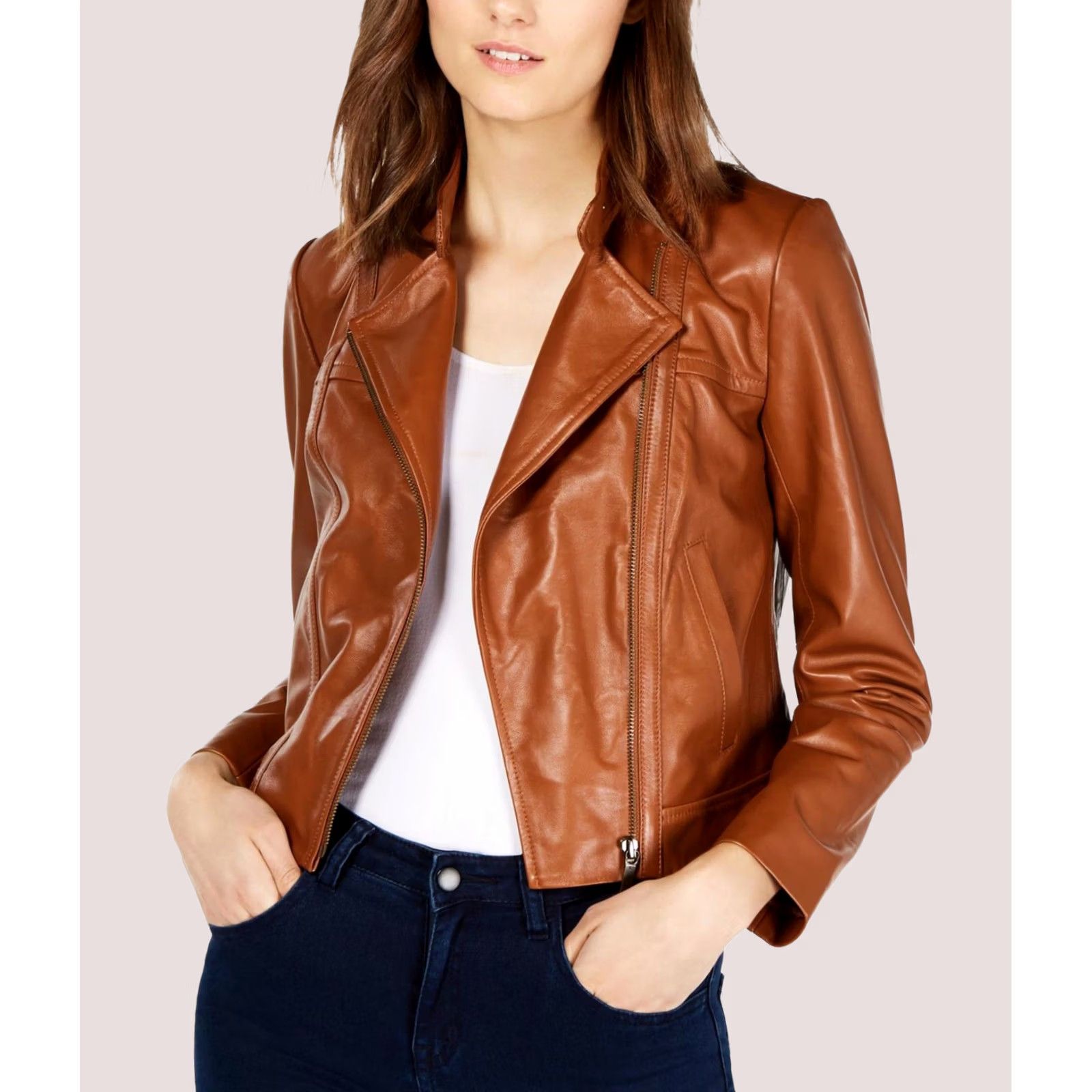 Michael Kors Michael Kors Womens Leather Motorcycle Jacket, medbrown, Petite, P/PS Size S / US 4 / IT 40 - 1 Thumbnail